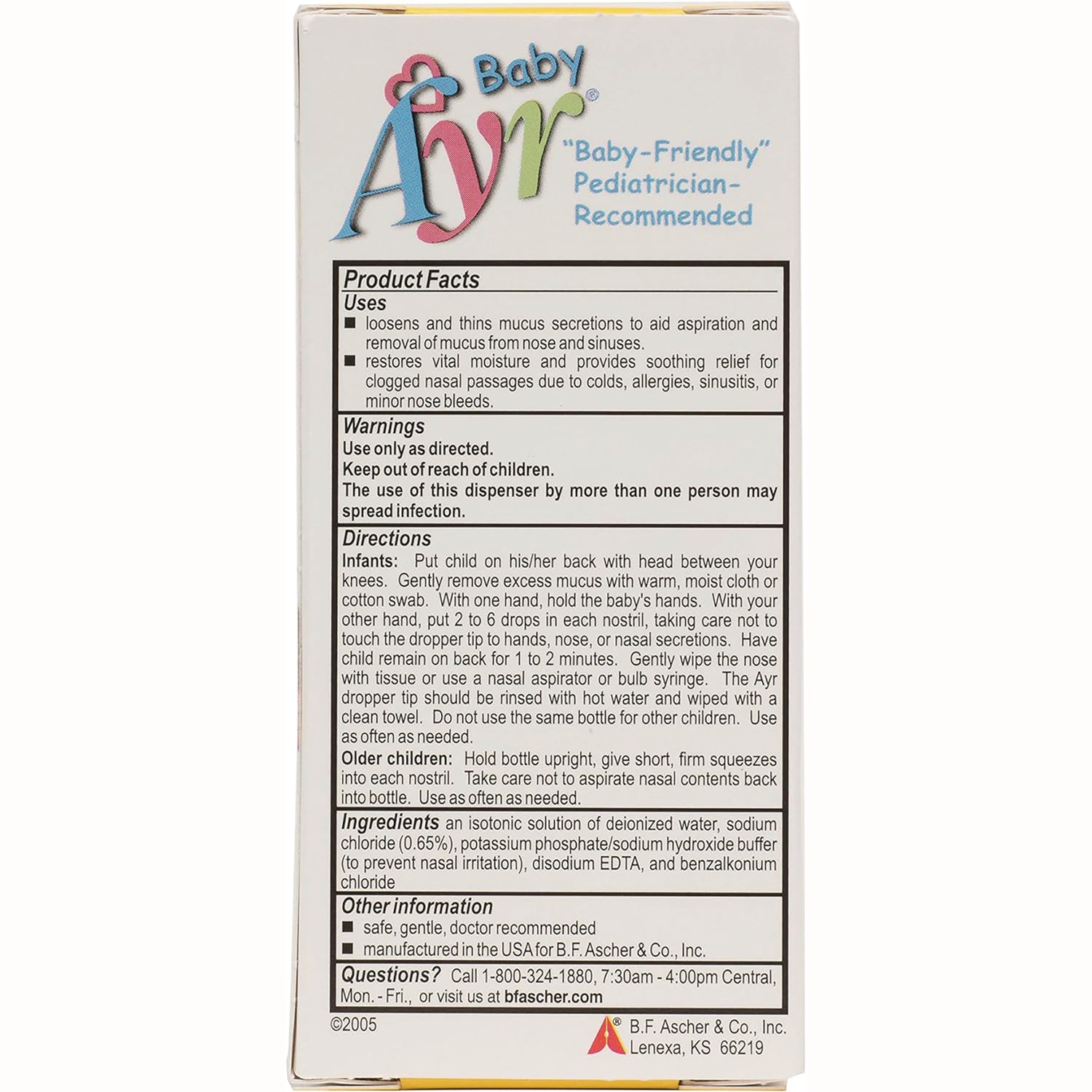 BFA002 | back of Baby Ayr nasal saline box showing product facts, directions, warnings, and ingredients
