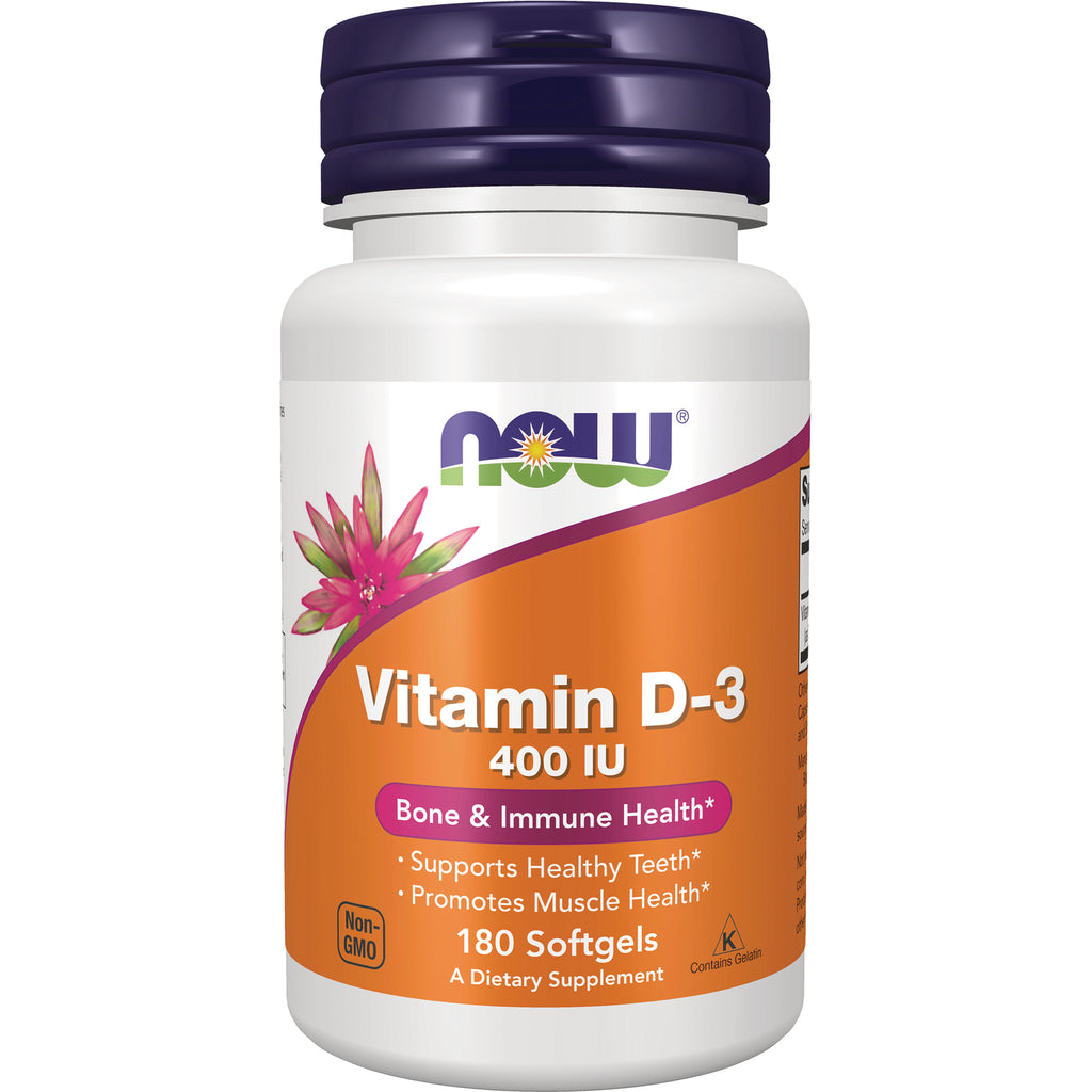 NWF157 | NOW Vitamin D-3 400 IU, 180 softgels bottle with orange label, Bone & Immune Health - Thumbnail