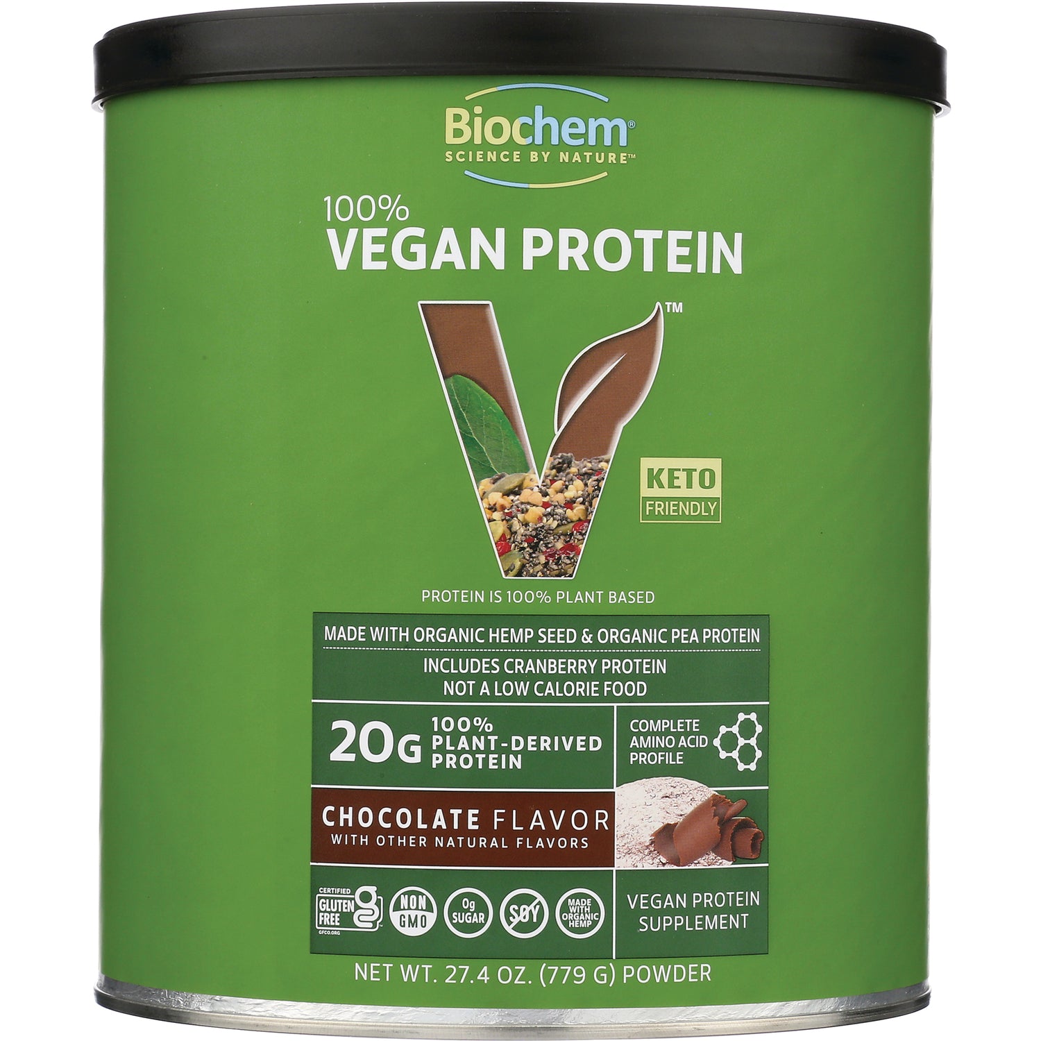 CRL604 | Biochem 100% Vegan Protein chocolate flavor powder canister with green front label