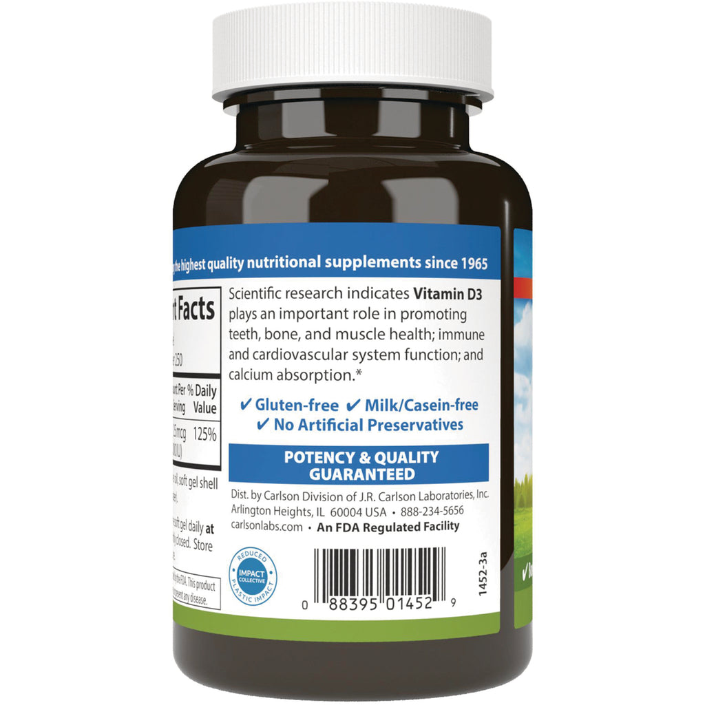 CSN187 | Back label of supplement bottle showing product facts, Vitamin D3 claims, gluten-free and no artificial preservatives, barcode - Thumbnail
