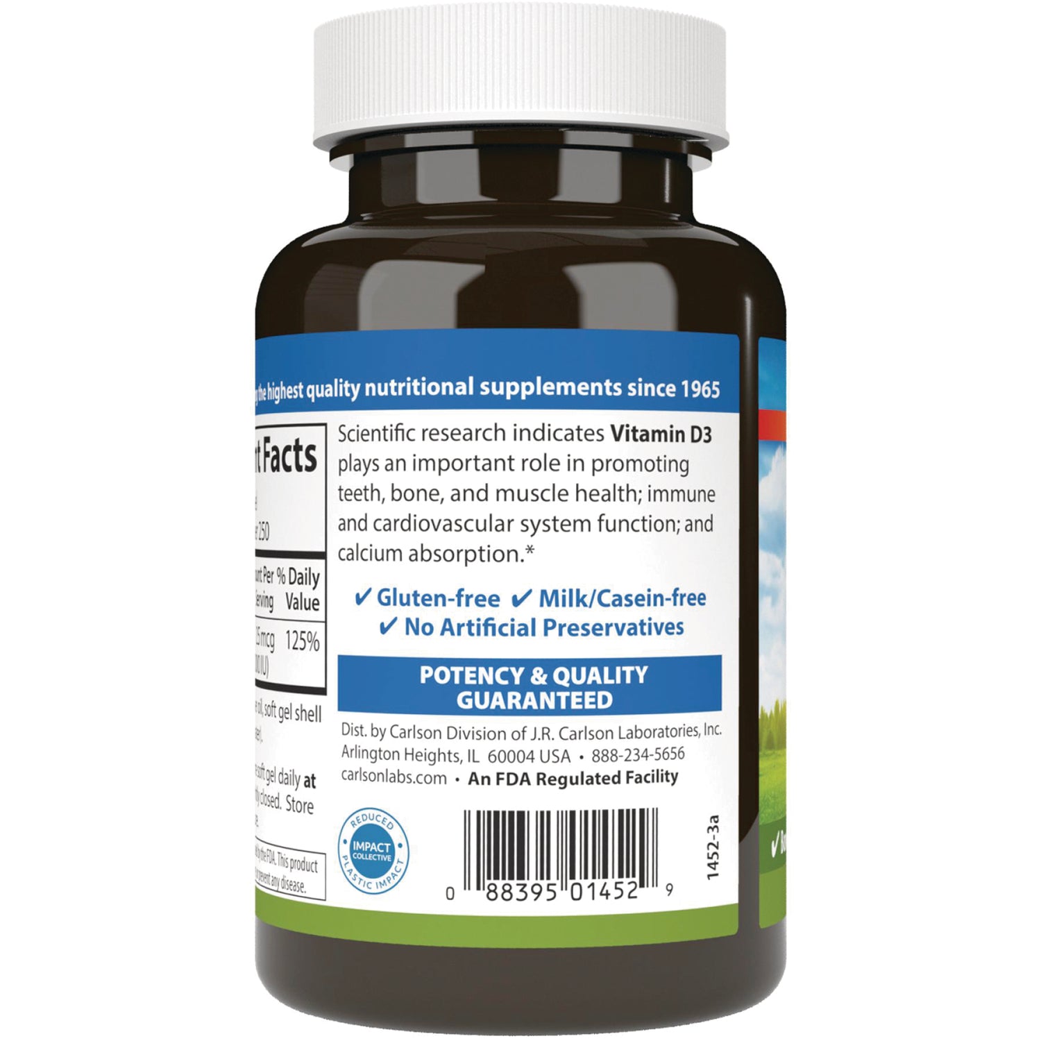 CSN187 | Back label of supplement bottle showing product facts, Vitamin D3 claims, gluten-free and no artificial preservatives, barcode