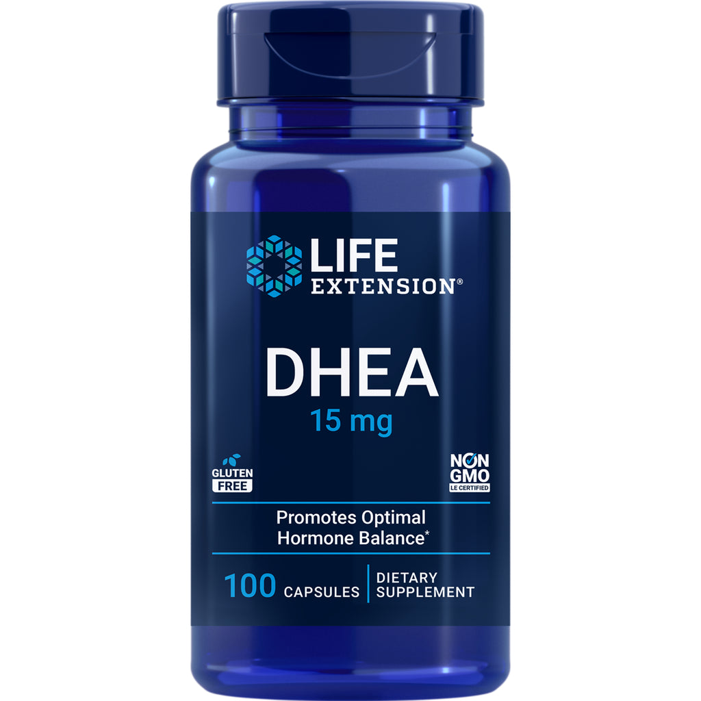 LE134 | Life Extension DHEA 15 mg bottle, 100 capsules dietary supplement label promoting optimal hormone balance - Thumbnail
