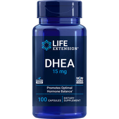 LE134 | Life Extension DHEA 15 mg bottle, 100 capsules dietary supplement label promoting optimal hormone balance