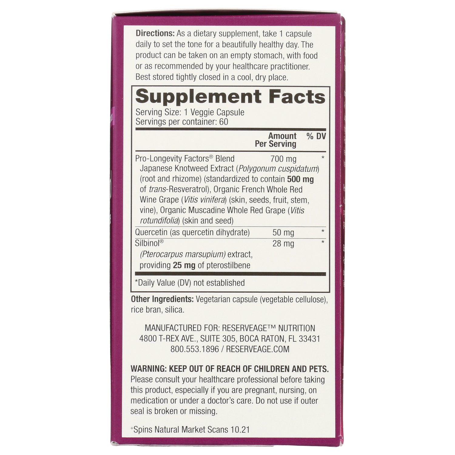 RSA017 | Back panel showing Supplement Facts, serving size, ingredients, directions, and warning text
