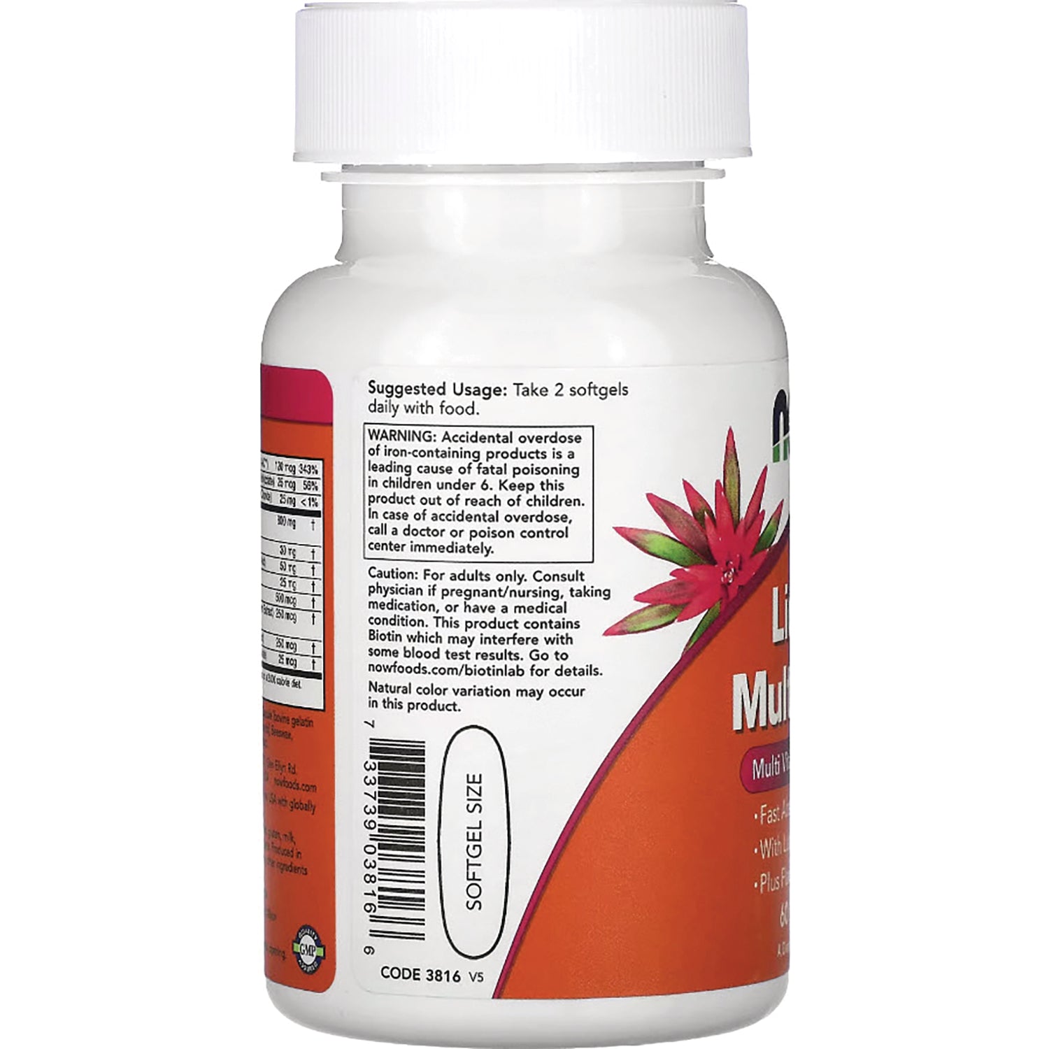 NWF176 | Back label of orange supplement bottle showing warning text, barcode, and softgel size graphic