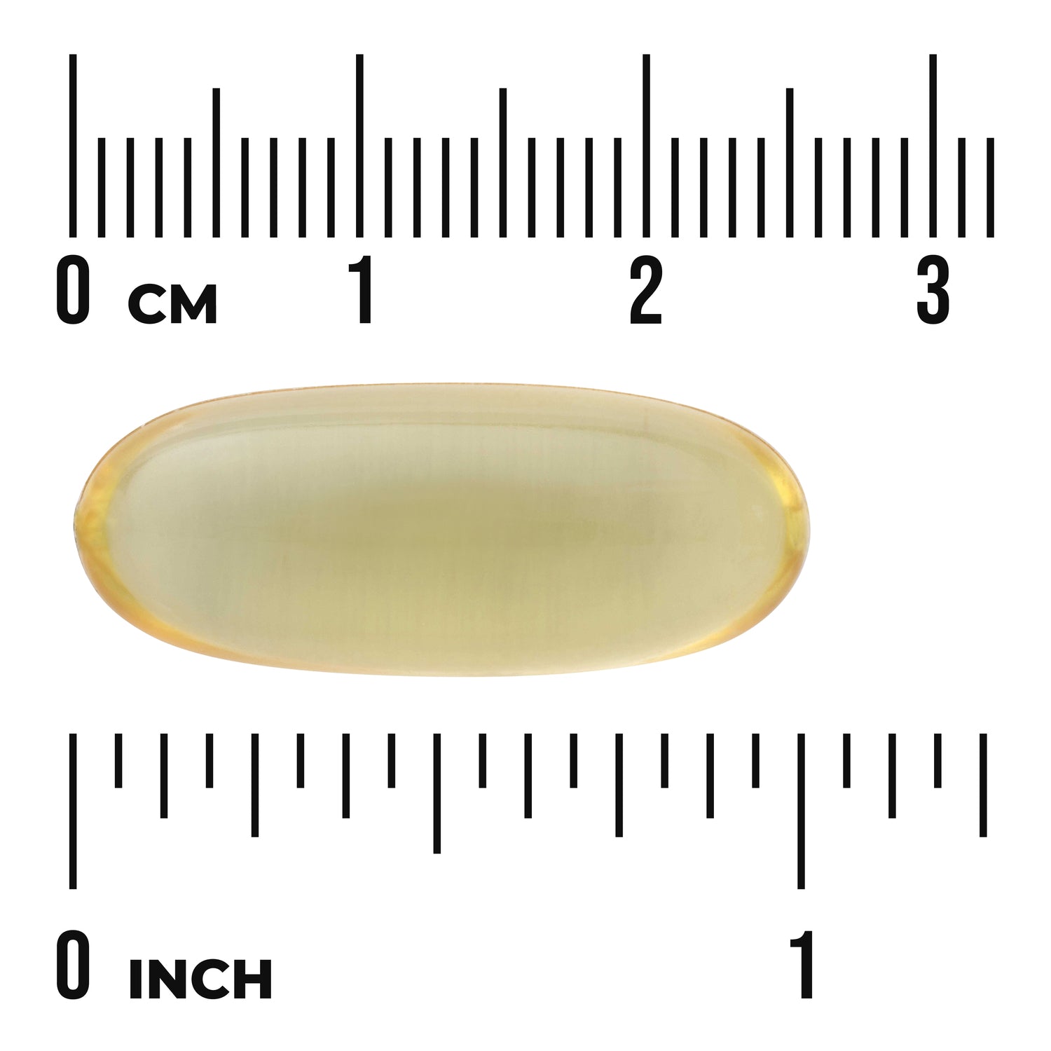 SW1309 | Yellow translucent softgel capsule on centimeter and inch rulers showing size about 2.5 cm