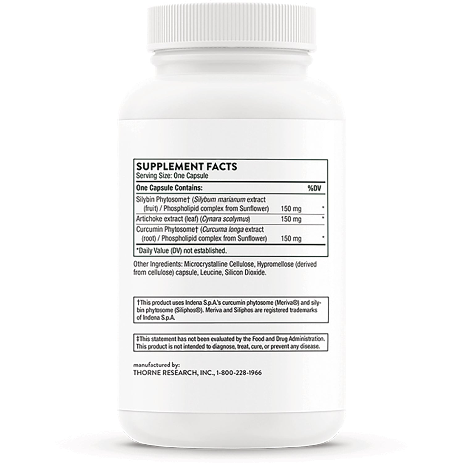 TRN016 | Supplement Facts panel showing one-capsule serving with silybin phytosome, artichoke, and curcumin 150 mg each