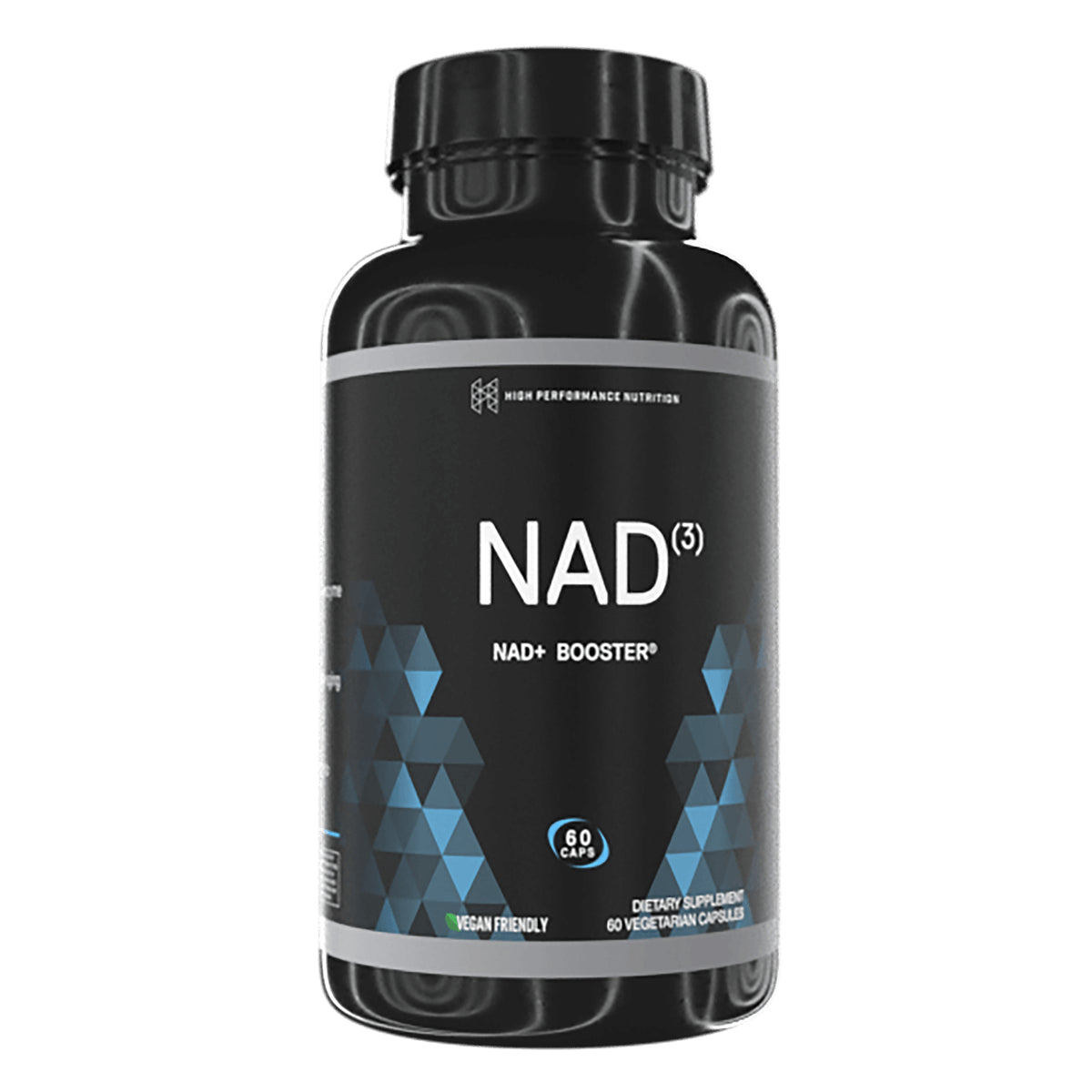 HPN004 | Black supplement bottle labeled NAD(3) NAD+ BOOSTER, 60 vegetarian capsules, vegan friendly