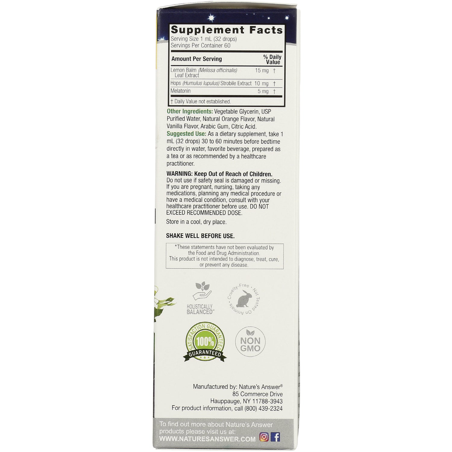 NAT414 | back panel showing supplement facts, ingredients, suggested use and warnings