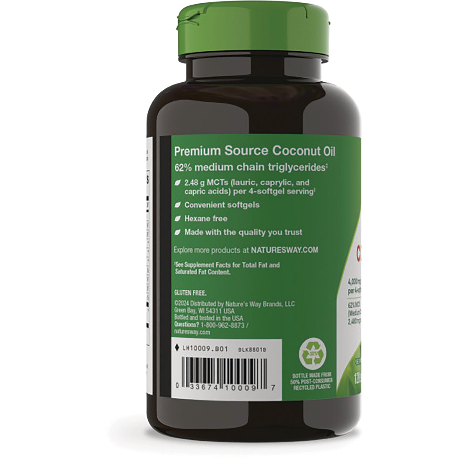 NW864 | Back of brown supplement bottle with green label reading Premium Source Coconut Oil, features list and barcode