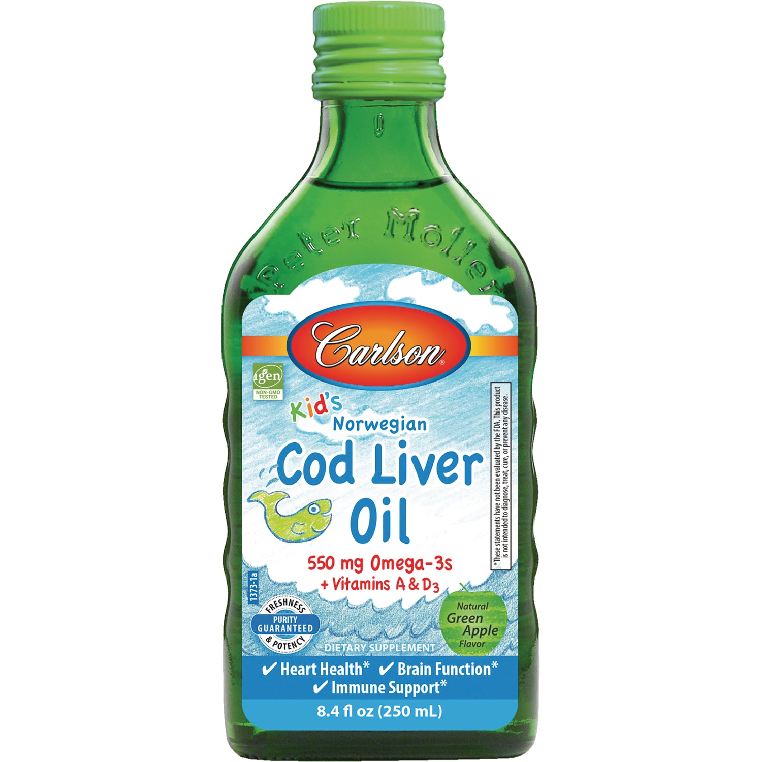 CSN303 | Carlson Kid's Norwegian Cod Liver Oil bottle, 550 mg Omega-3s with vitamins A & D3, natural green apple, 8.4 fl oz