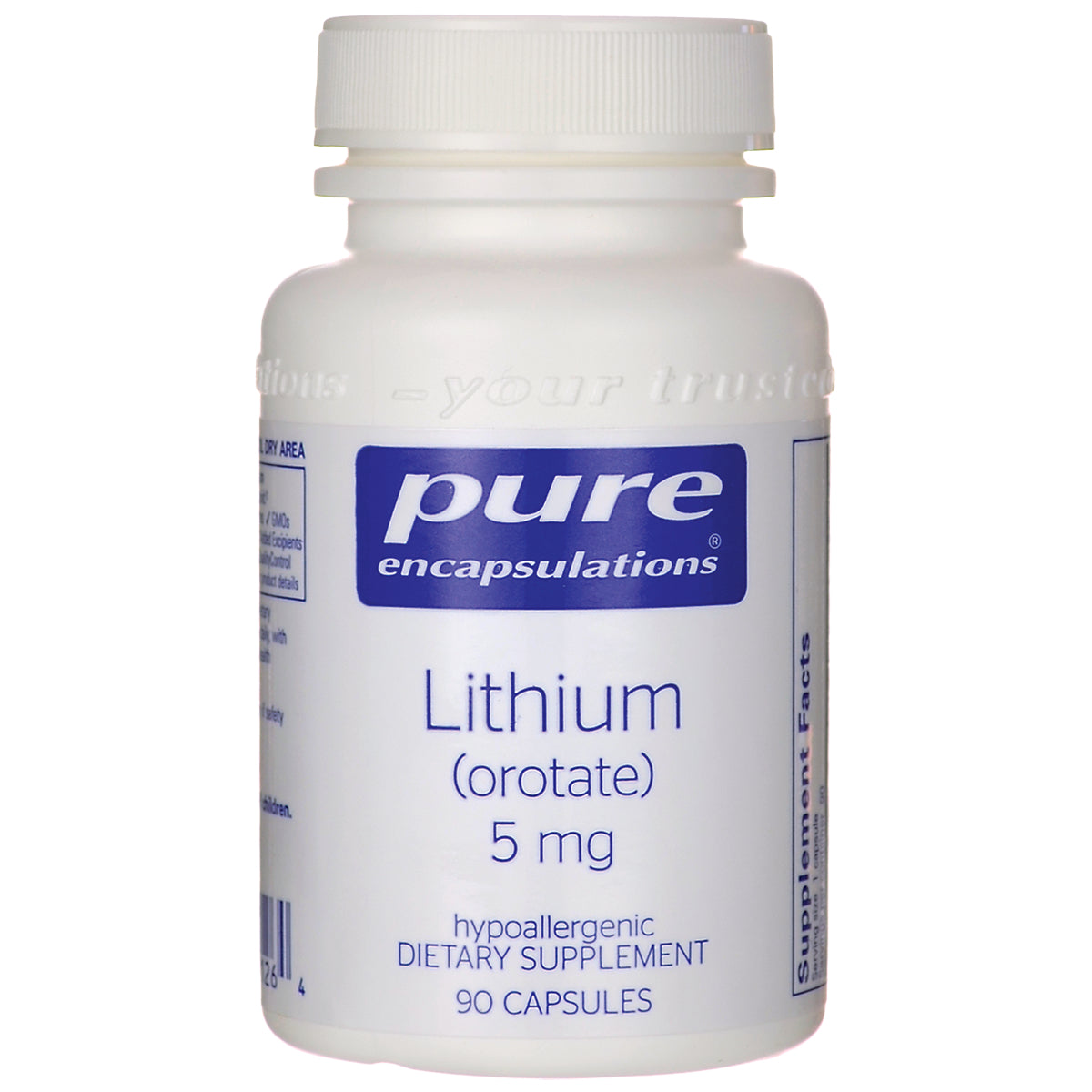 PRN114 | Pure Encapsulations Lithium (orotate) 5 mg white supplement bottle front label, 90 capsules