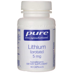 PRN114 | Pure Encapsulations Lithium (orotate) 5 mg white supplement bottle front label, 90 capsules