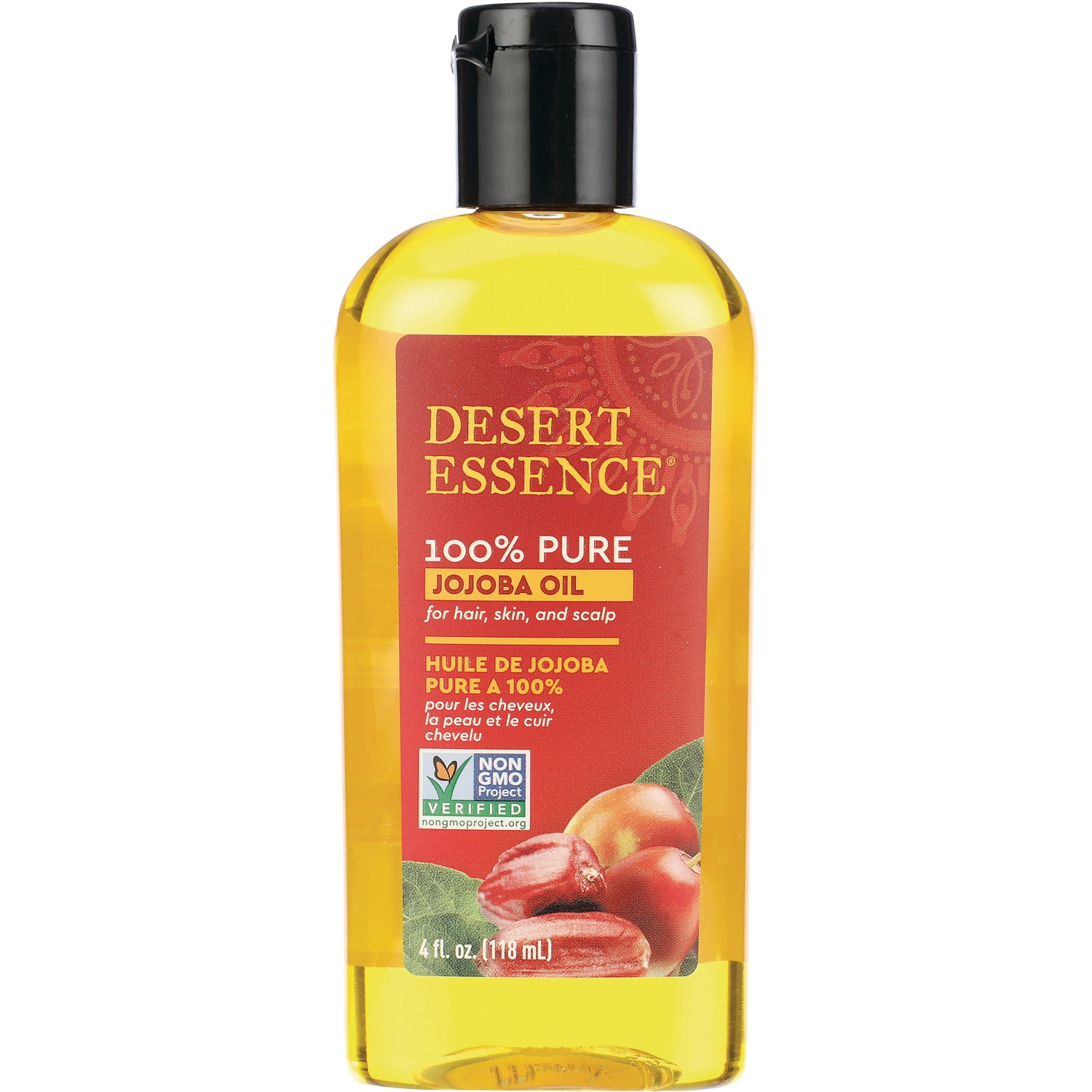 DST025 | Desert Essence 100% Pure Jojoba Oil bottle, 4 fl oz, golden oil with red label