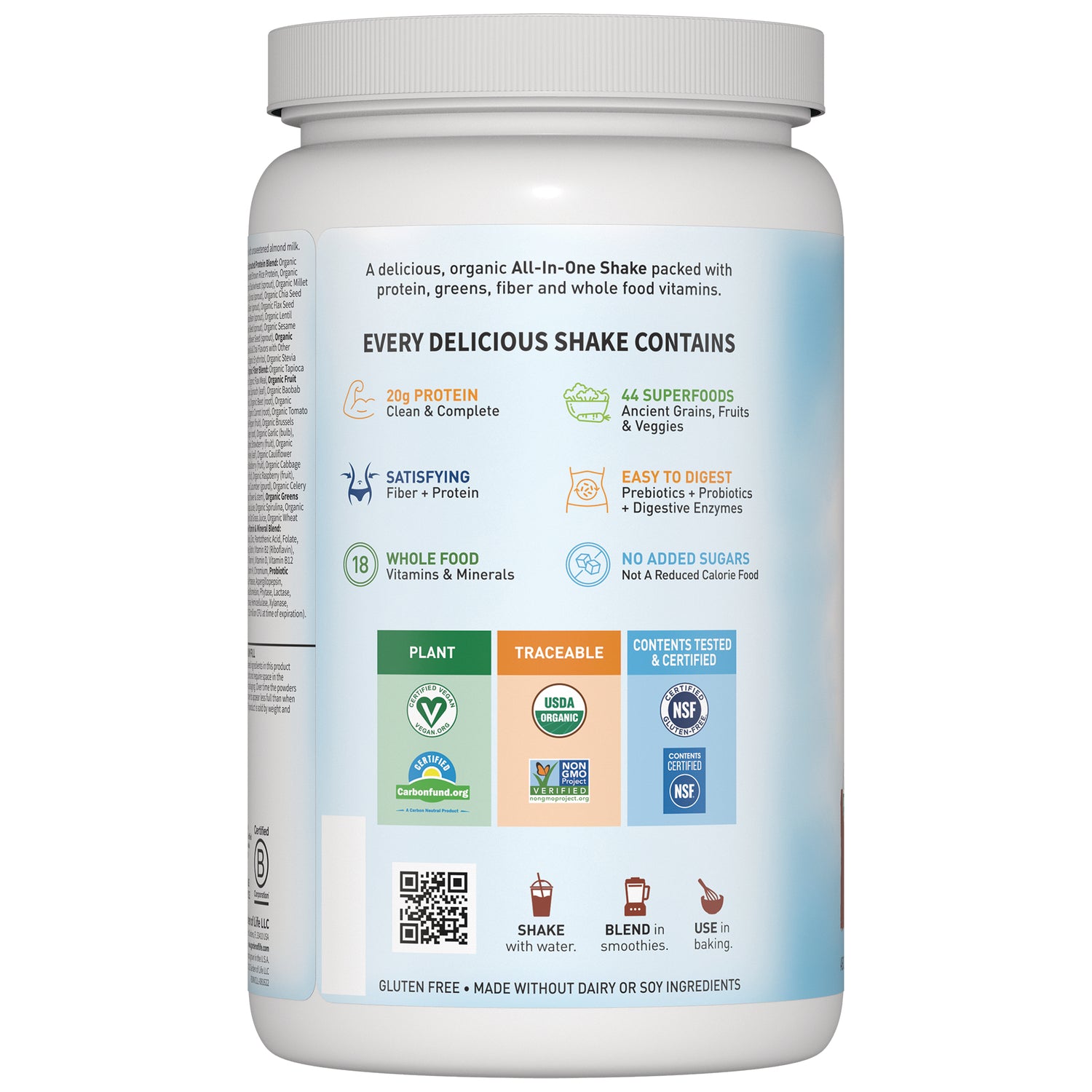 GLF175 | Back label of protein shake tub showing benefits, certifications, ingredient icons, and usage instructions
