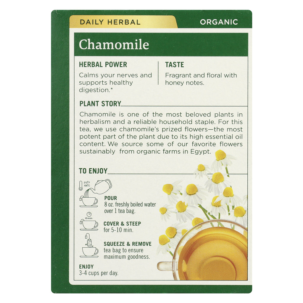 TMD011 | Back of organic chamomile tea box with benefits, taste notes, plant story, and brewing directions - Thumbnail