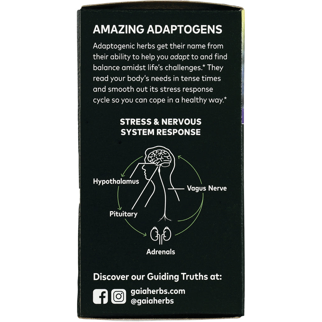 GH019 | product infographic showing AMAZING ADAPTOGENS panel with stress and nervous system response diagram labeled Hypothalamus, Pituitary, Vagus Nerve, Adrenals and gaiaherbs.com - Thumbnail