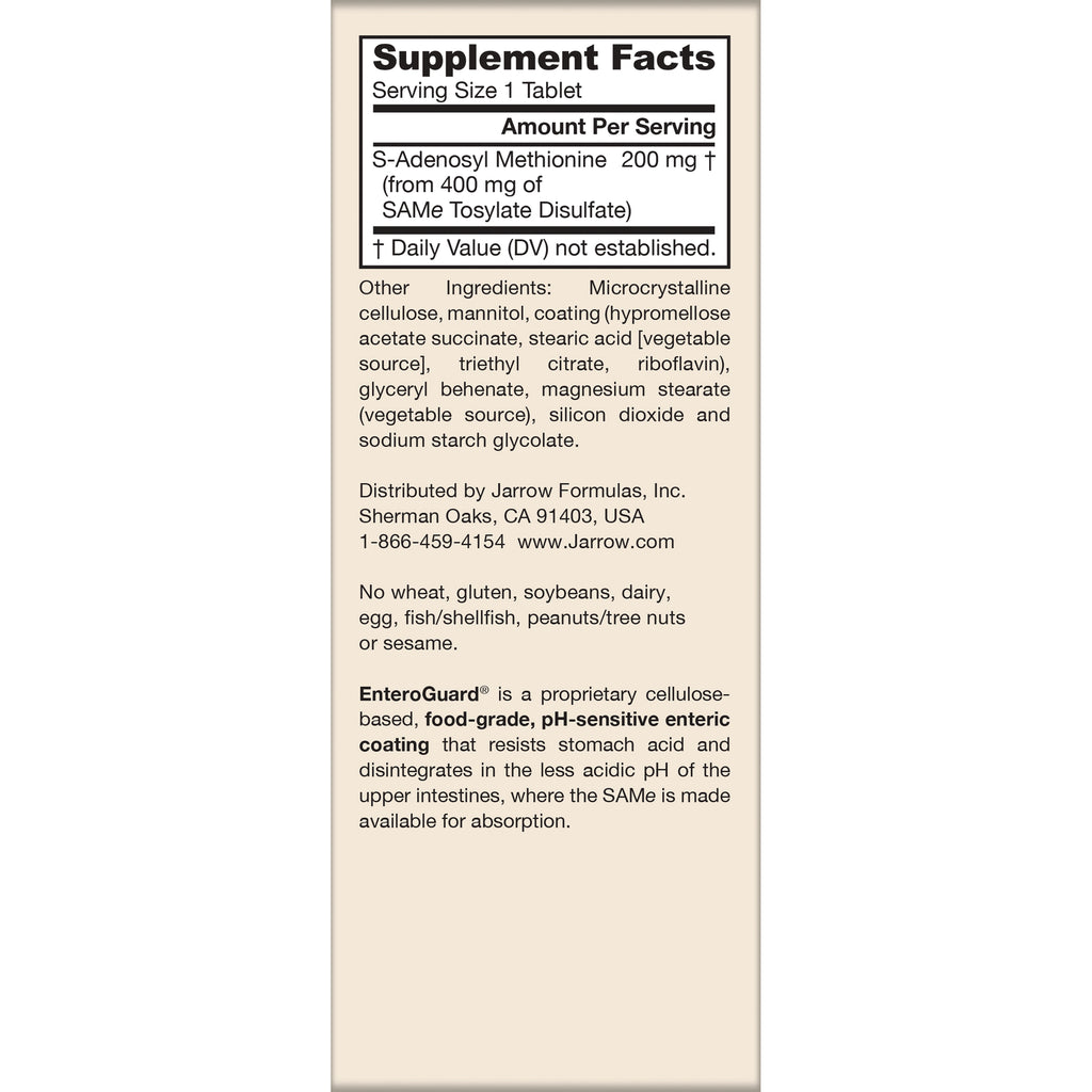 JR040 | Back panel showing Supplement Facts for SAMe 200 mg, ingredients, distributor info, allergen warnings, EnteroGuard coating description - Thumbnail
