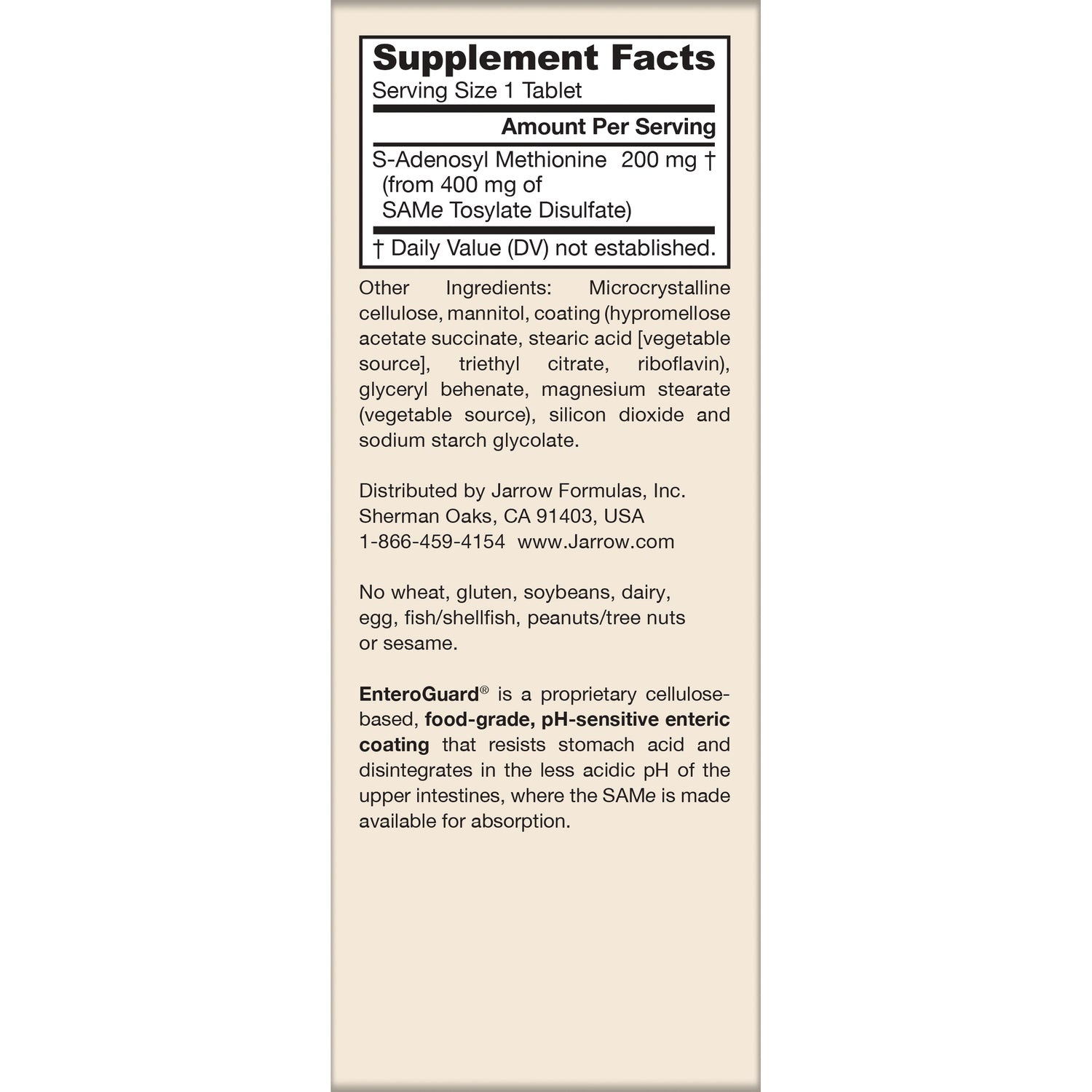 JR040 | Back panel showing Supplement Facts for SAMe 200 mg, ingredients, distributor info, allergen warnings, EnteroGuard coating description