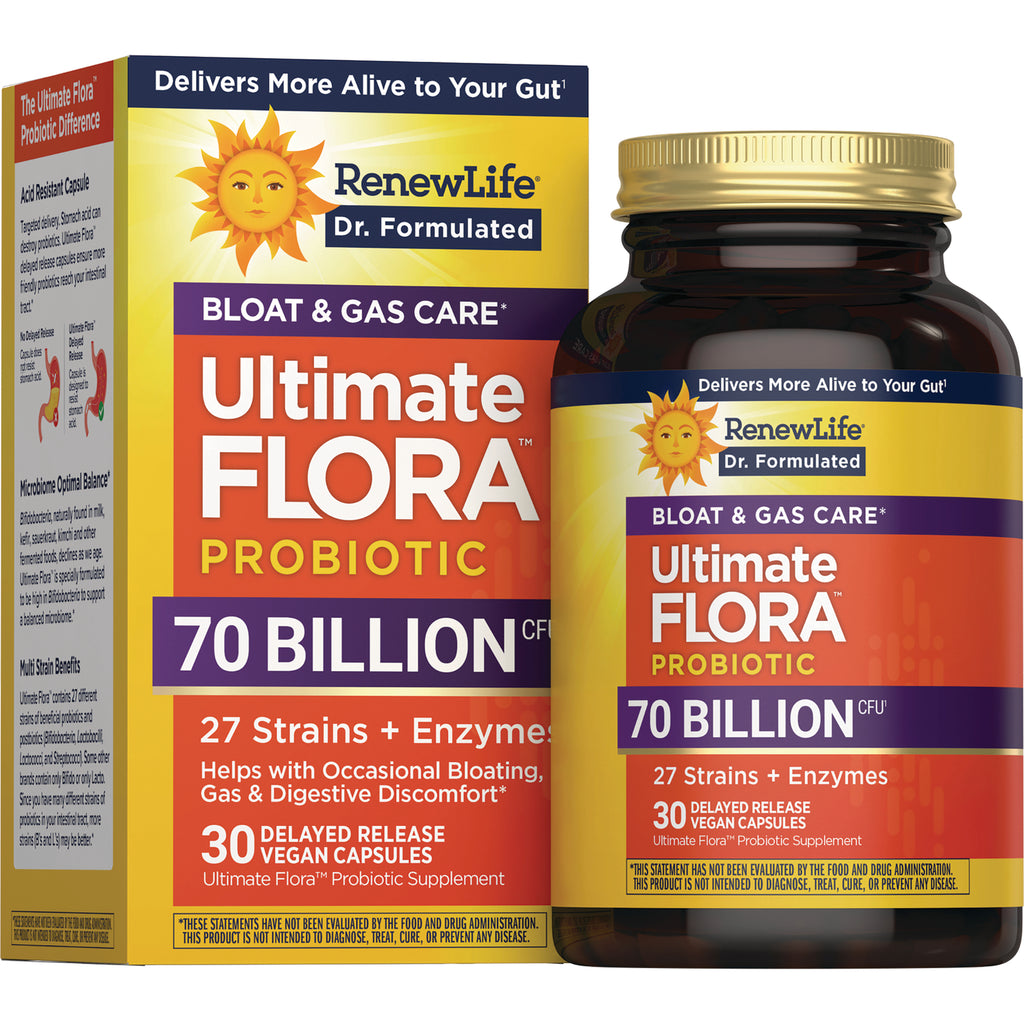 RNL258 | RenewLife Ultimate Flora probiotic 70 billion CFU bottle and box, 30 delayed-release vegan capsules - Thumbnail