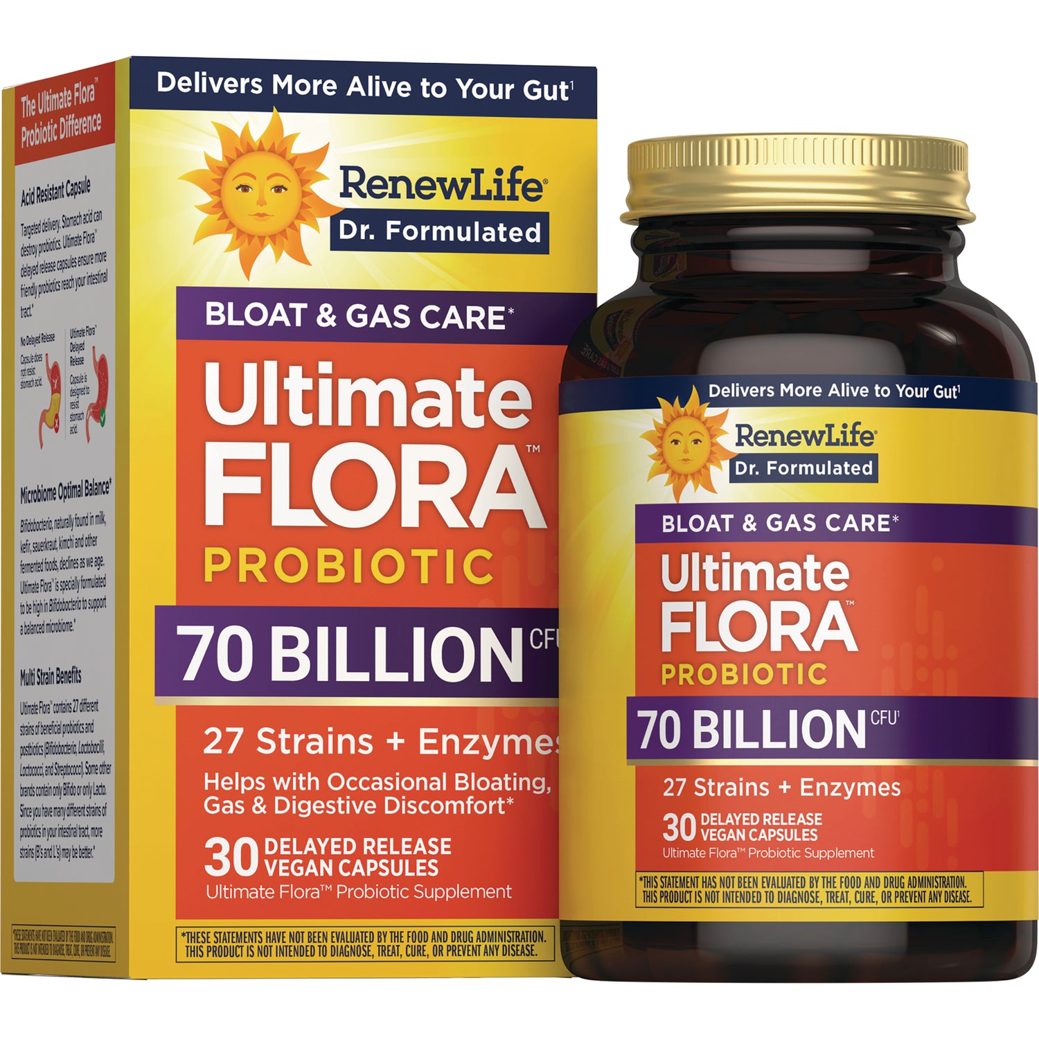 RNL258 | RenewLife Ultimate Flora probiotic 70 billion CFU bottle and box, 30 delayed-release vegan capsules