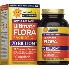 RNL258 | RenewLife Ultimate Flora probiotic 70 billion CFU bottle and box, 30 delayed-release vegan capsules