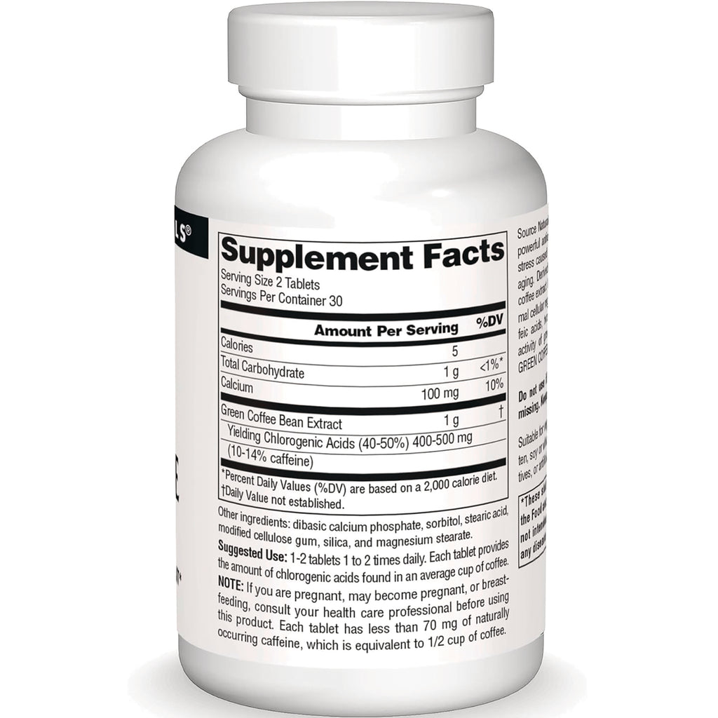 SN428 | Back label with Supplement Facts panel, serving size 2 tablets, Green Coffee Bean Extract - Thumbnail