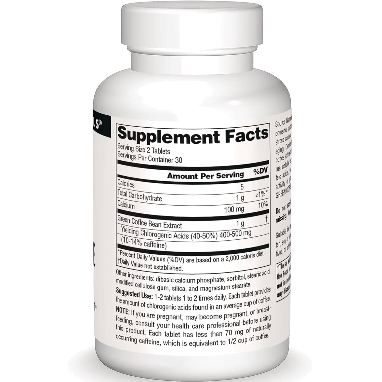 SN428 | Back label with Supplement Facts panel, serving size 2 tablets, Green Coffee Bean Extract