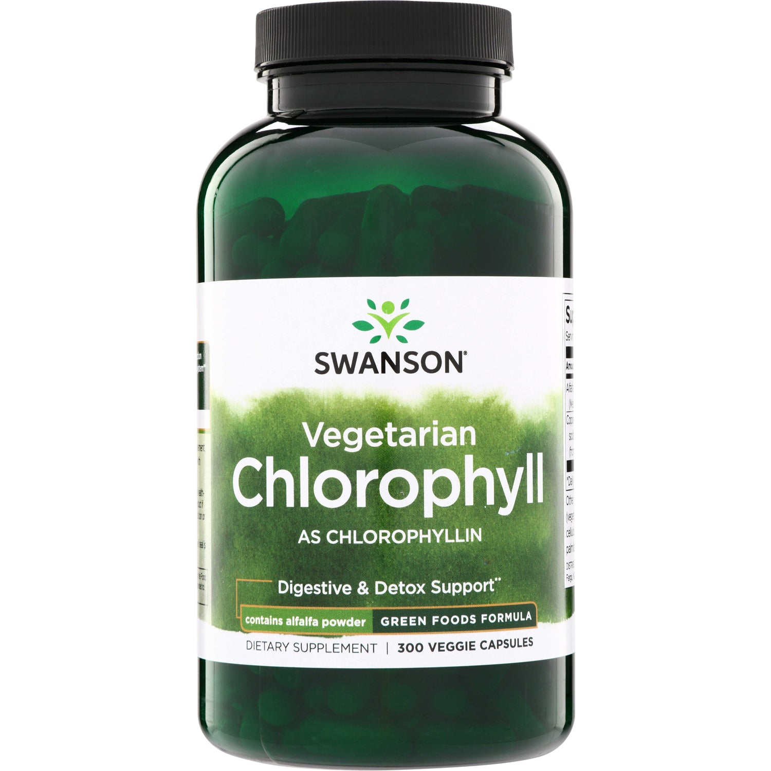 SWR020 | Swanson Vegetarian Chlorophyll as chlorophyllin, Digestive & Detox Support, 300 veggie capsules
