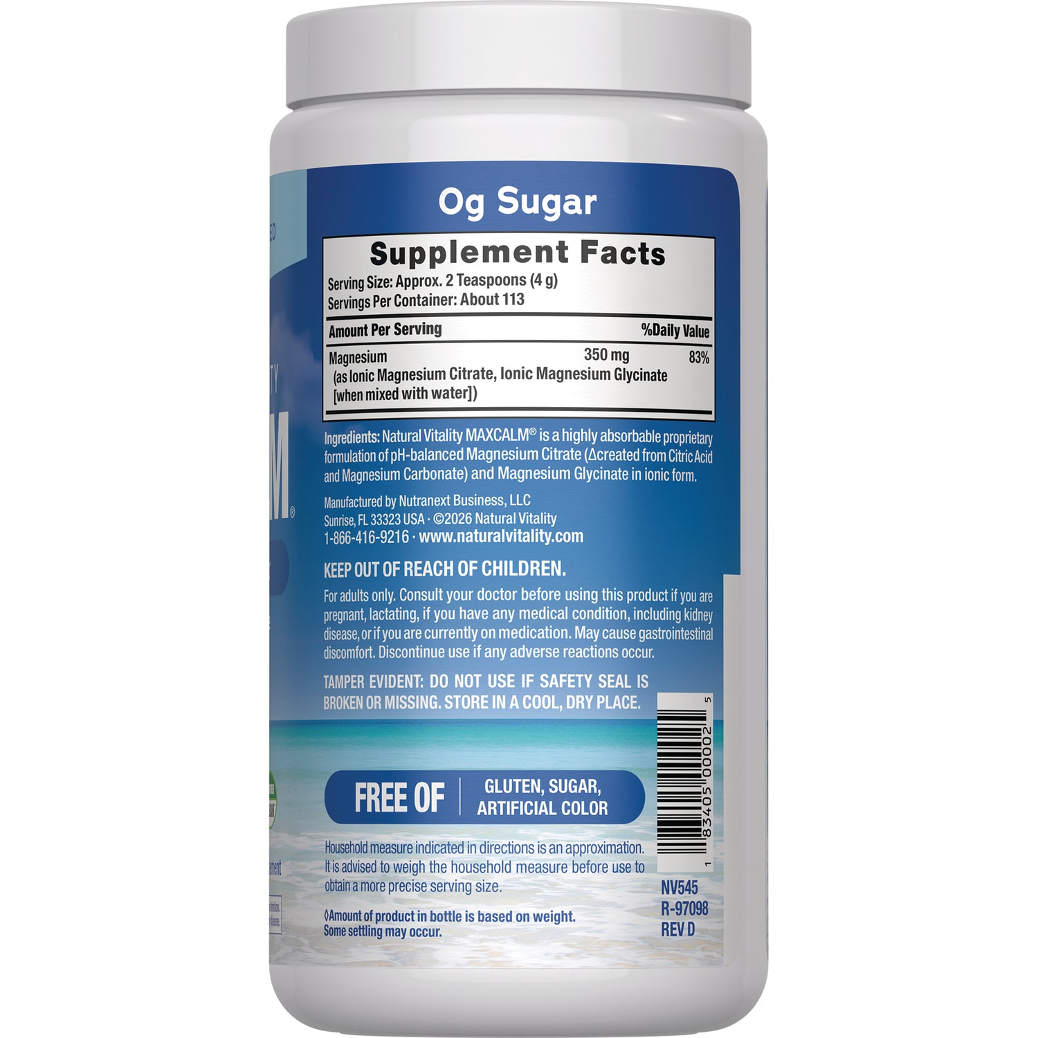NVT001 | Back label of white supplement jar showing Supplement Facts panel, warnings, and FREE OF GLUTEN, SUGAR, ARTIFICIAL COLOR