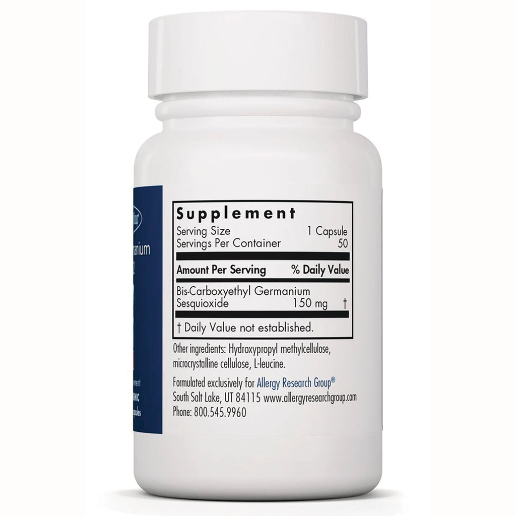 ARG052 | Back label showing supplement facts: serving size 1 capsule, 50 servings; Bis-Carboxyethyl Germanium Sesquioxide 150 mg - Thumbnail