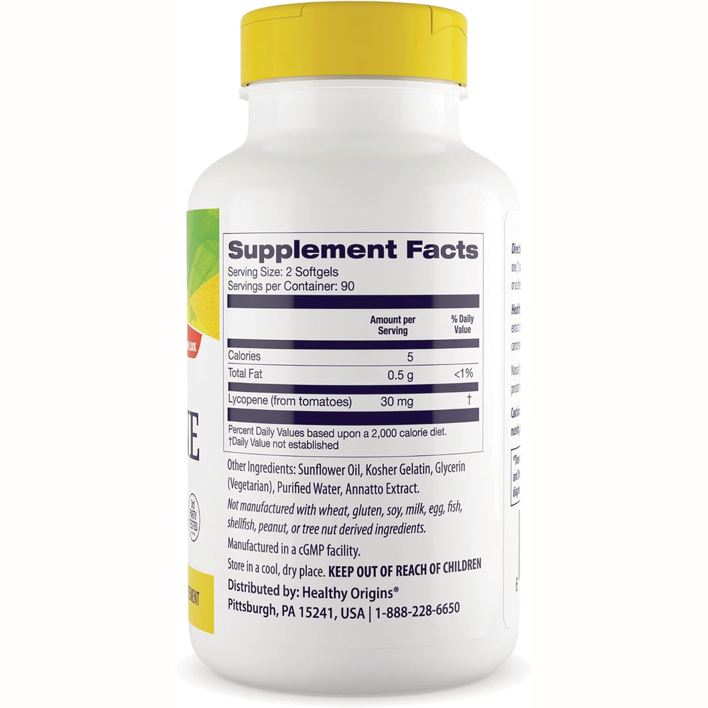 HRG039 | Back of white supplement bottle showing Supplement Facts panel listing serving size, lycopene 30 mg and other ingredients - Thumbnail