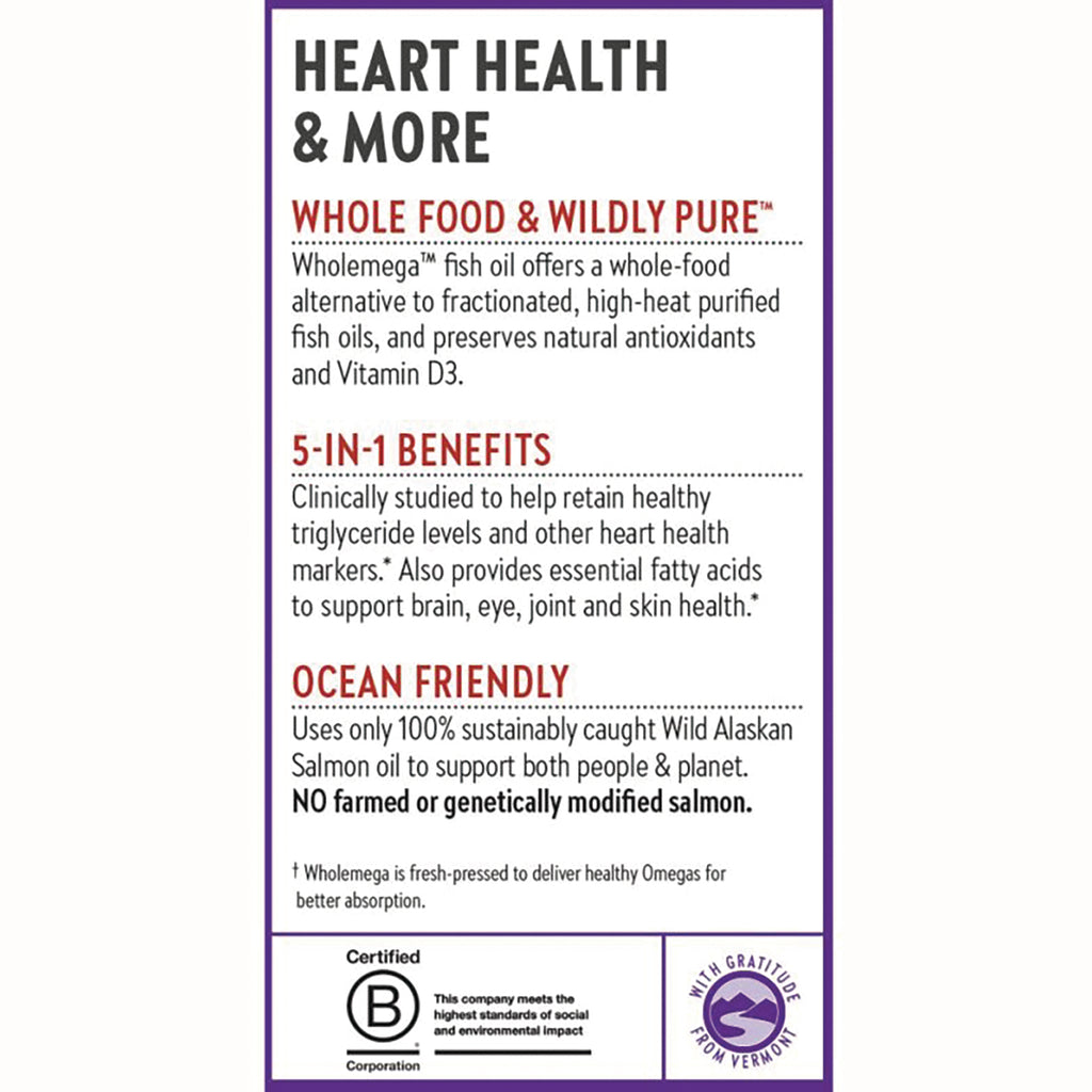 NWC110 | Back label listing heart health benefits, whole-food fish oil, 5-in-1 benefits, ocean friendly claim and certification logos - Thumbnail