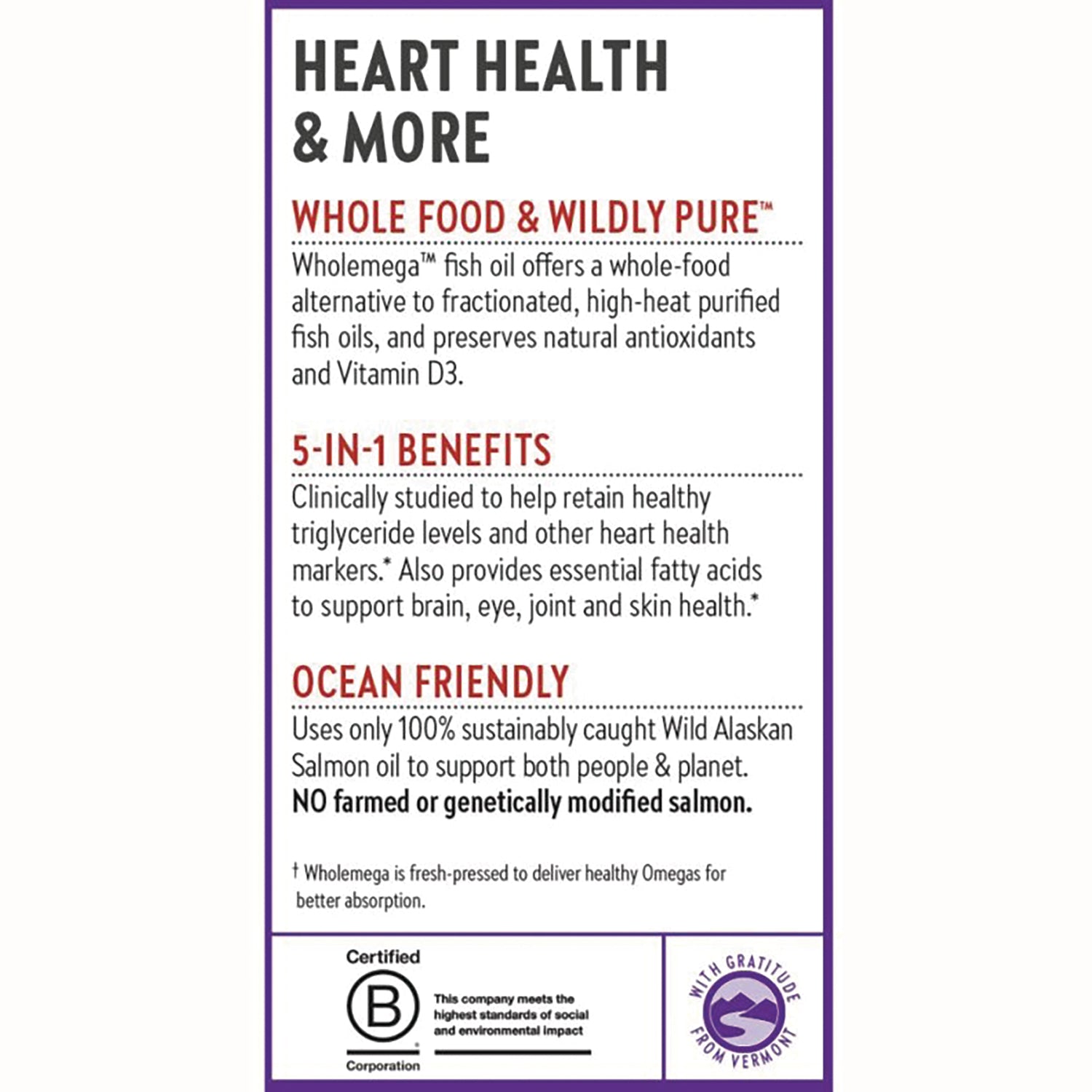 NWC110 | Back label listing heart health benefits, whole-food fish oil, 5-in-1 benefits, ocean friendly claim and certification logos