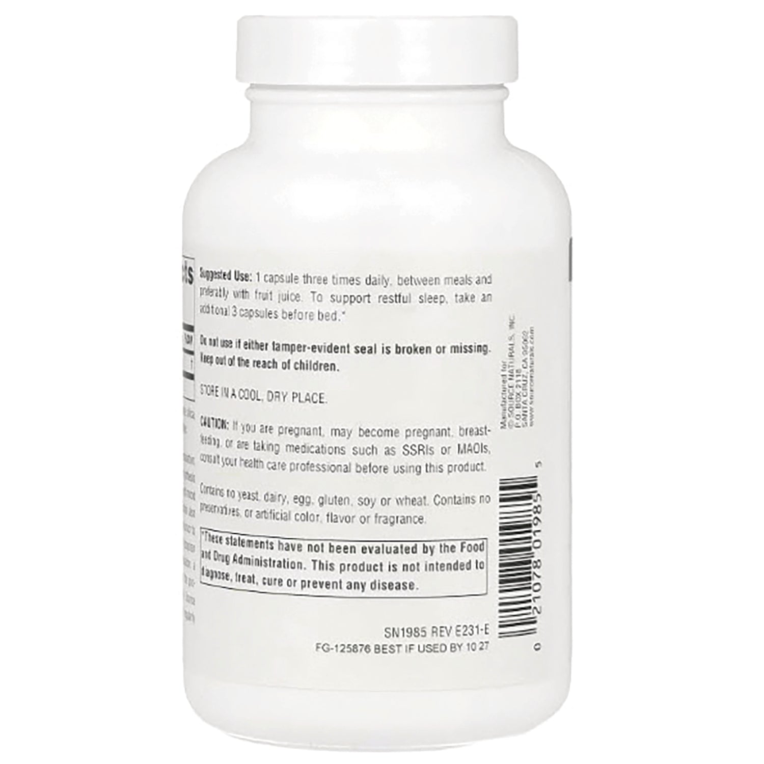 SN389 | Back label with directions, warnings, storage info, and barcode