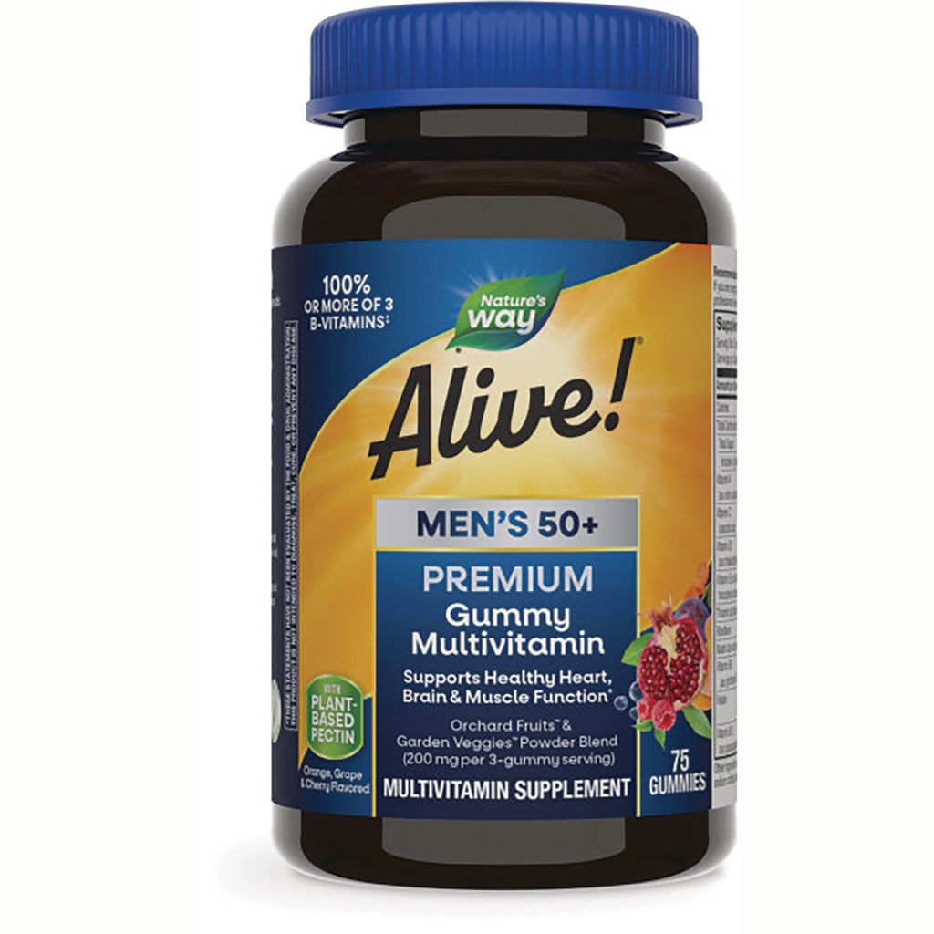 NW885 | Alive! Men's 50+ premium gummy multivitamin bottle with blue cap and label showing 75 gummies - Thumbnail