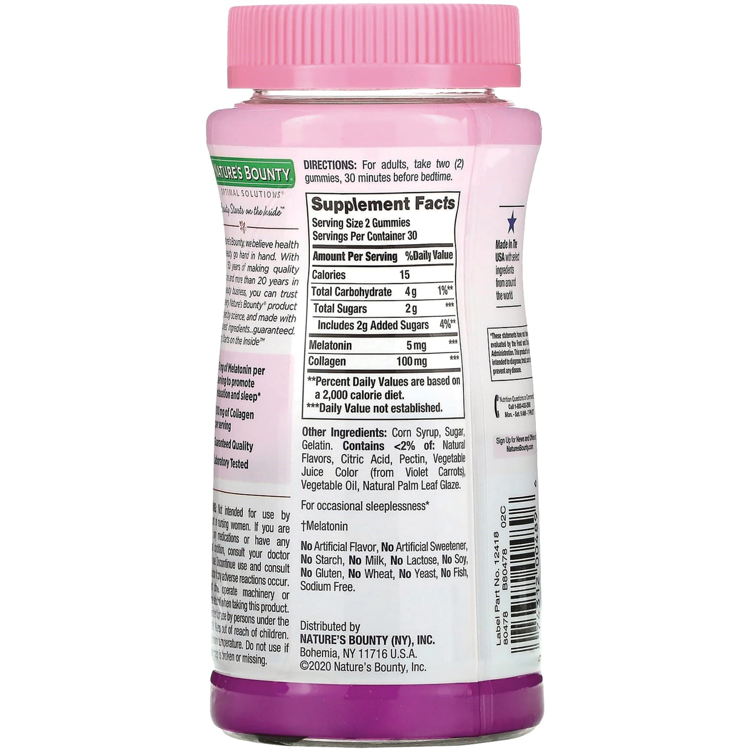 NBY108 | Back of pink supplement bottle showing Supplement Facts label with melatonin 5 mg and collagen 100 mg