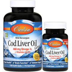 CSN232 | Carlson Wild Norwegian Cod Liver Oil two bottles, 150 and 30 soft gels, natural lemon flavor label visible