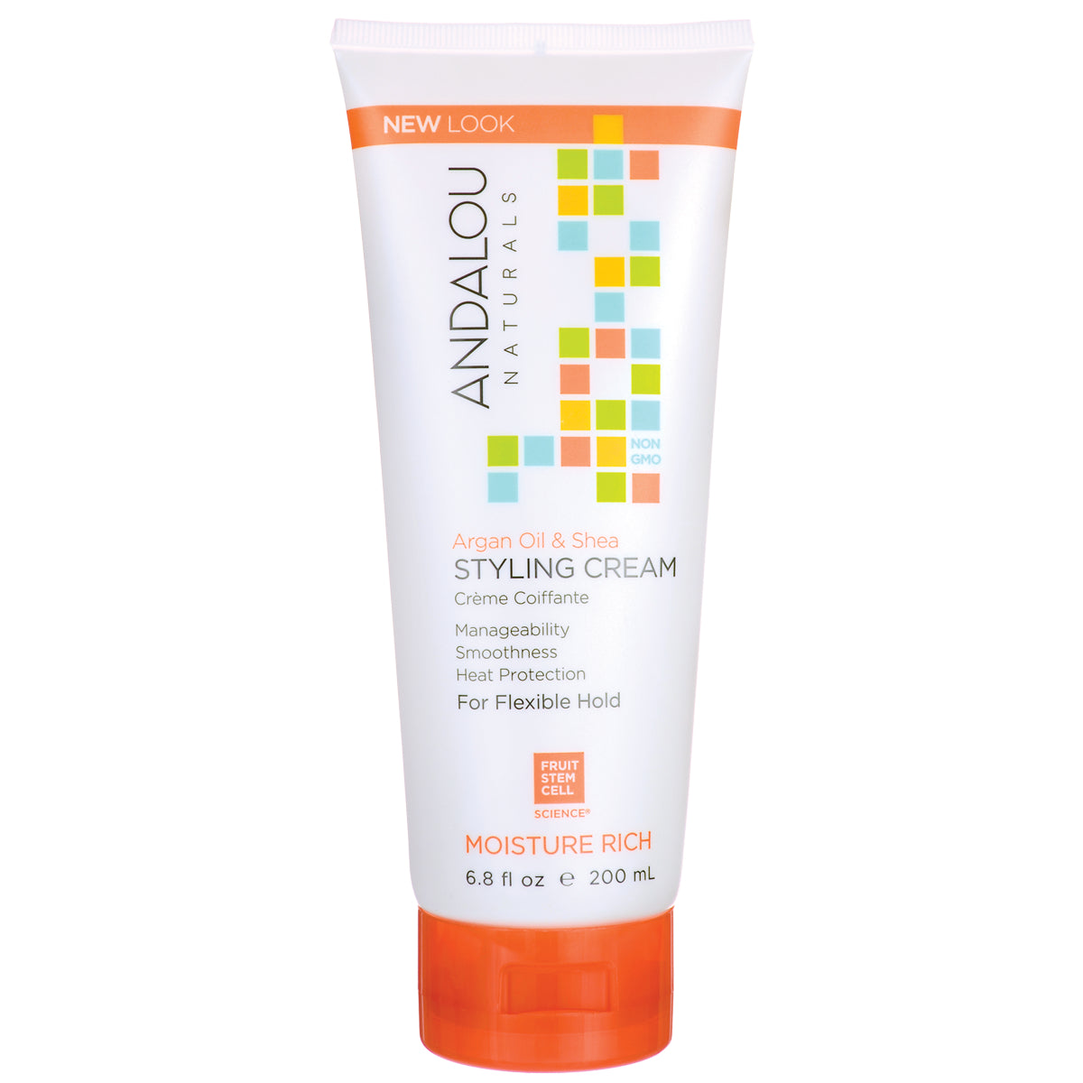 ADN011 | Andalou Naturals Moisture Rich Styling Cream, Argan Oil & Shea, 6.8 fl oz white tube with orange cap