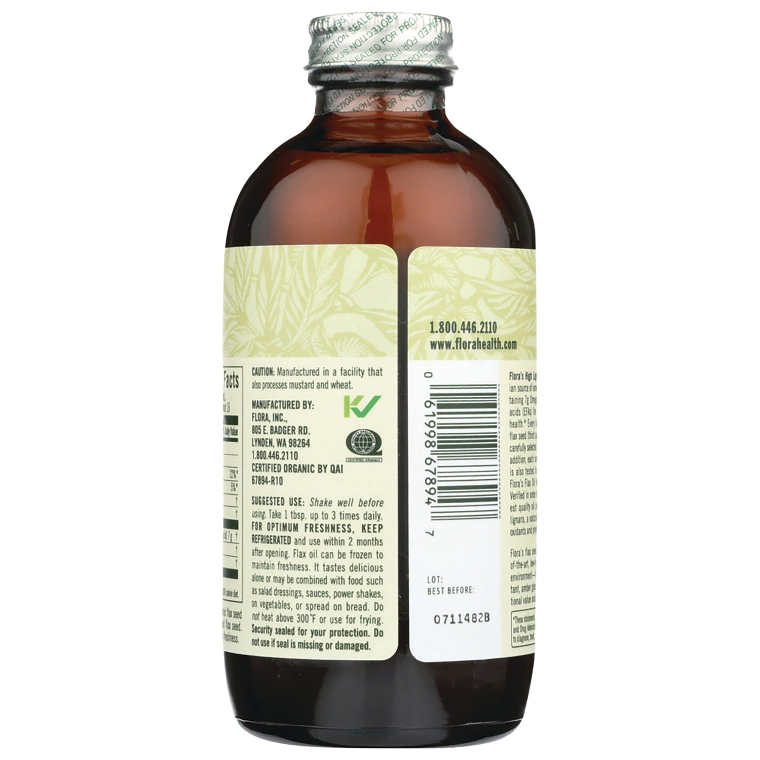 FL113 | Back of amber glass bottle showing product label with barcode, contact info, usage directions and lot number