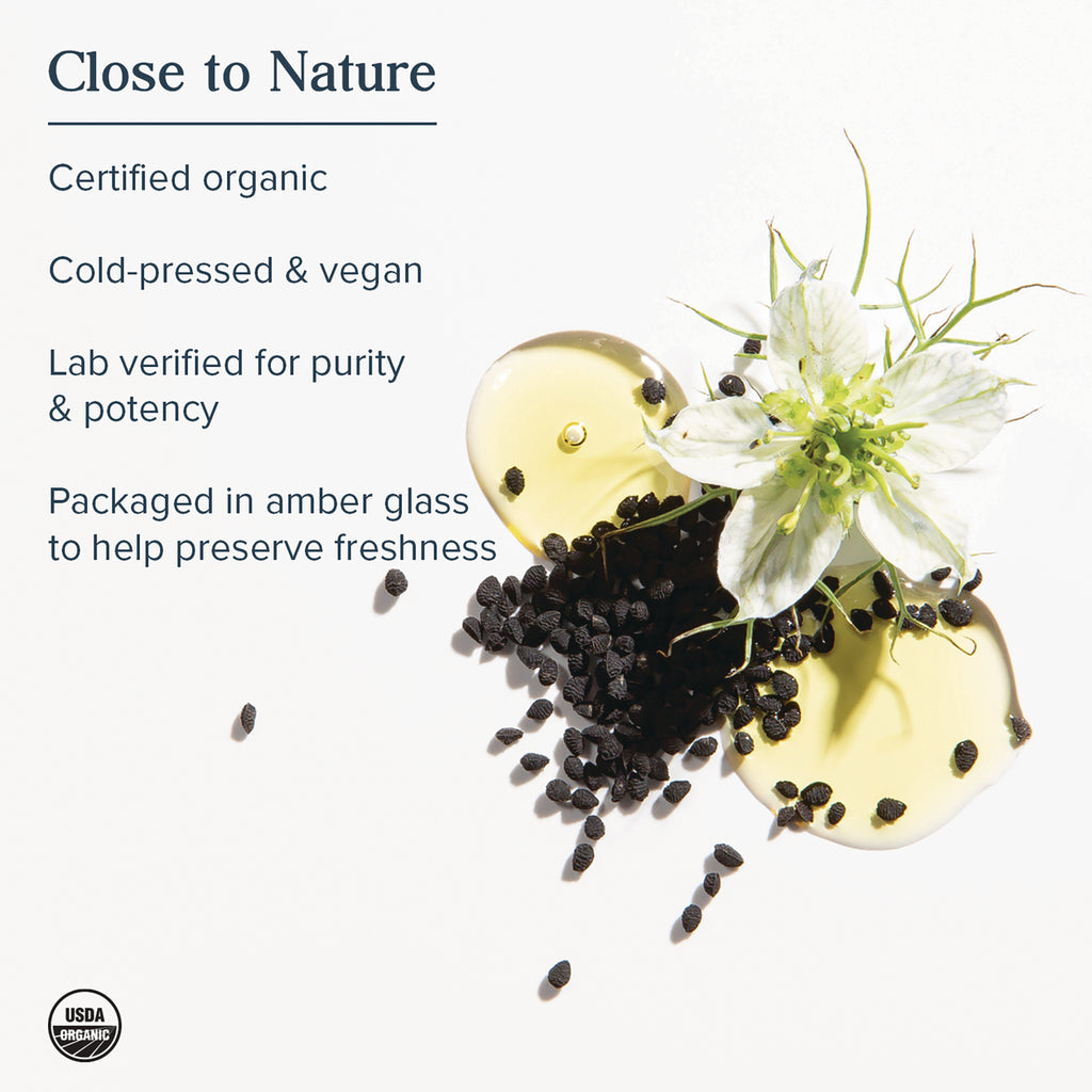 Close to Nature infographic stating certified organic, cold-pressed & vegan, with white flower, black seeds, and oil droplets - Thumbnail