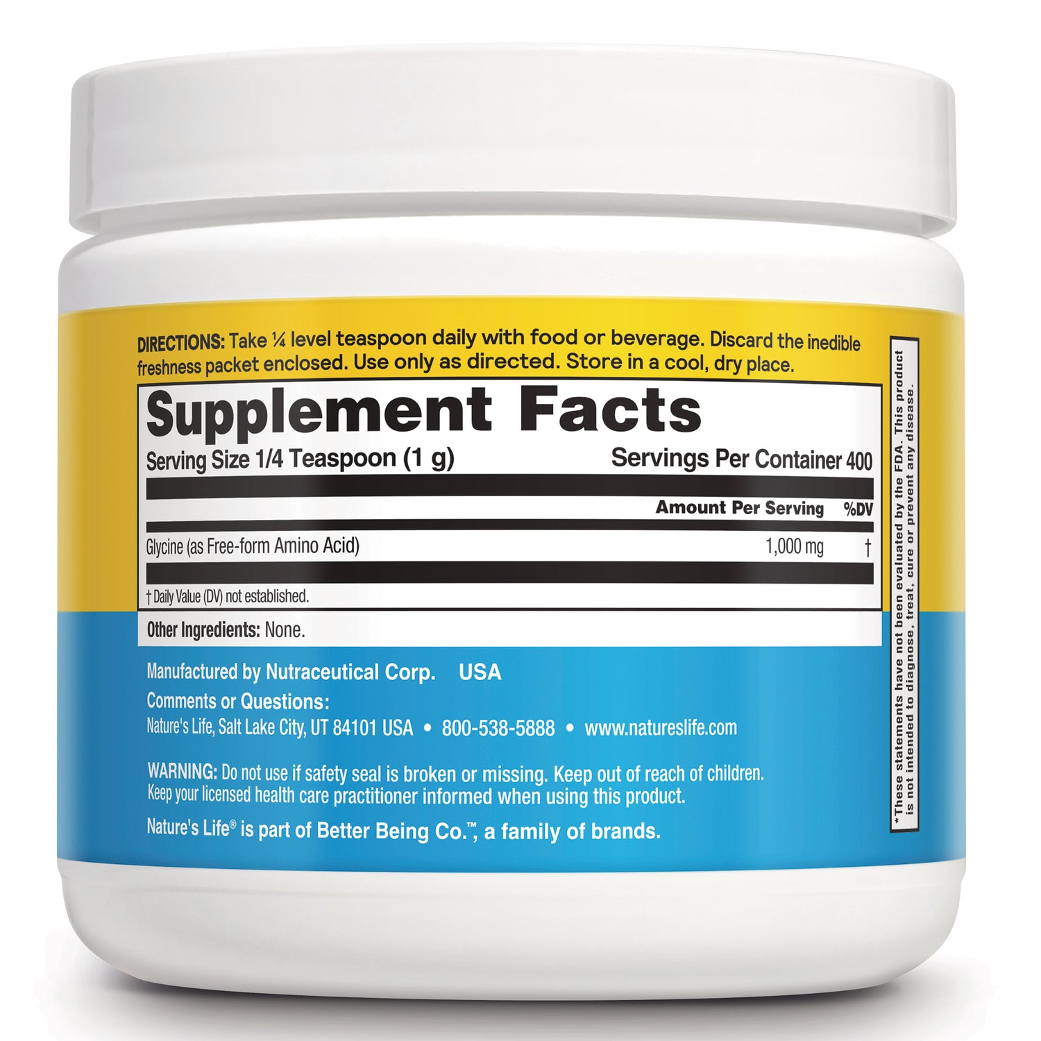 NSL036 | Back label showing Supplement Facts panel listing Glycine 1,000 mg and manufacturer information