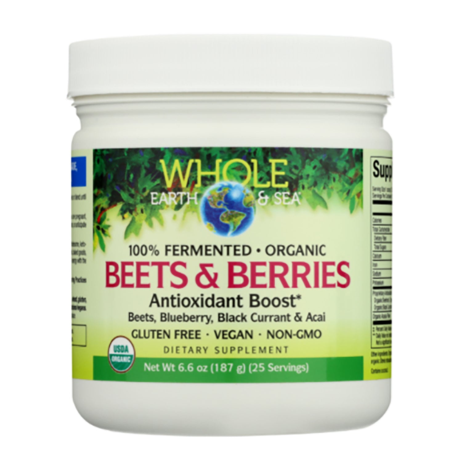 NFC196 | Whole Earth & Sea Beets & Berries supplement jar with label reading Antioxidant Boost, gluten free vegan