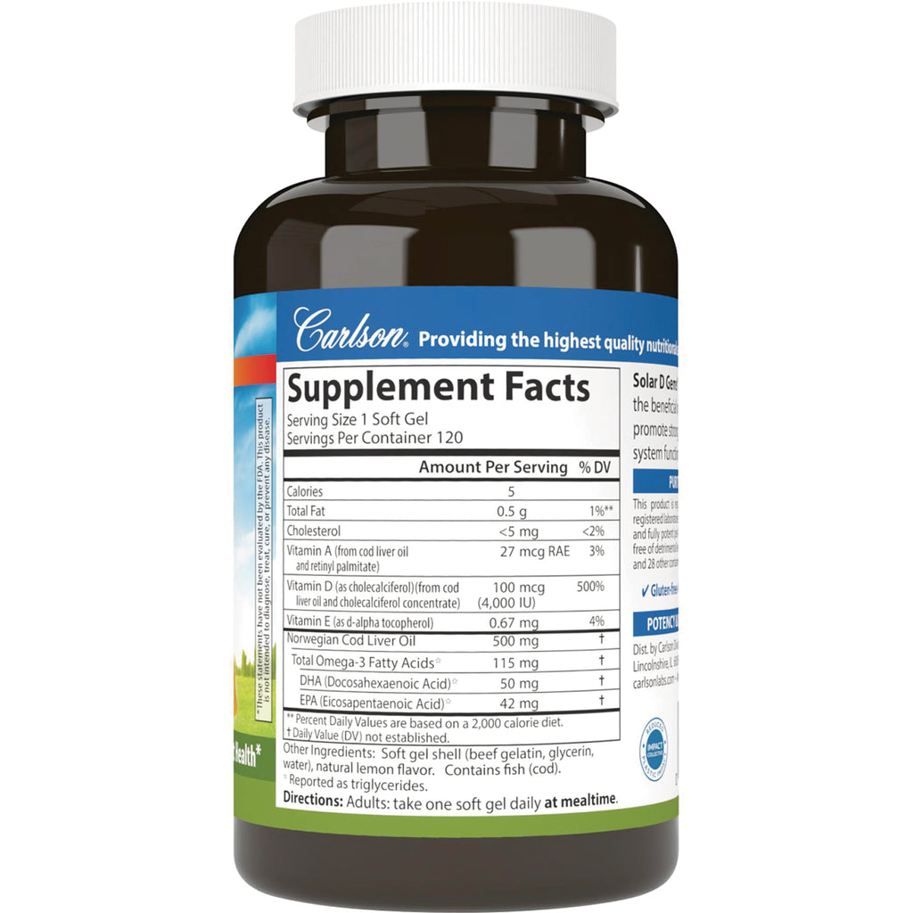 CSN027 | Back label showing Supplement Facts panel and ingredients for Carlson cod liver oil soft gels - Thumbnail