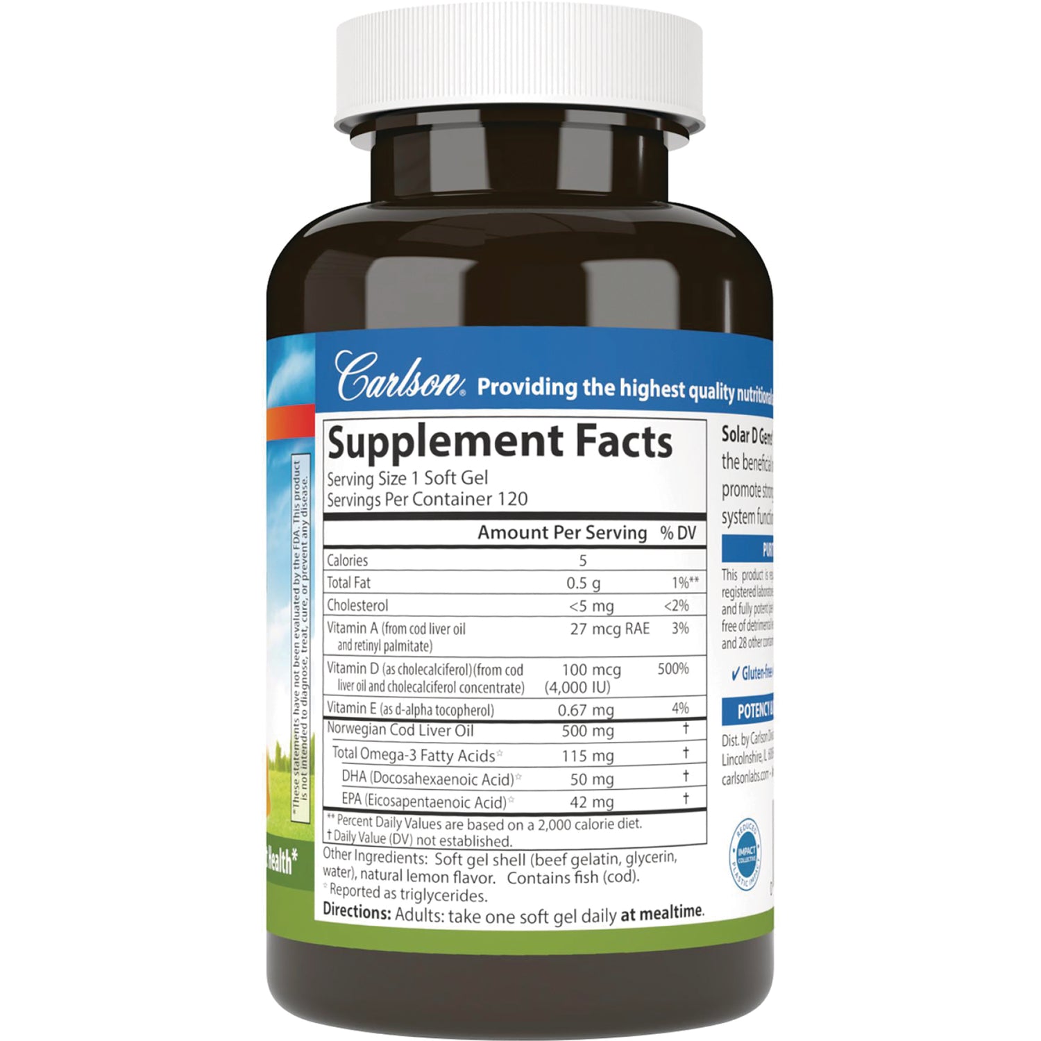 CSN027 | Back label showing Supplement Facts panel and ingredients for Carlson cod liver oil soft gels