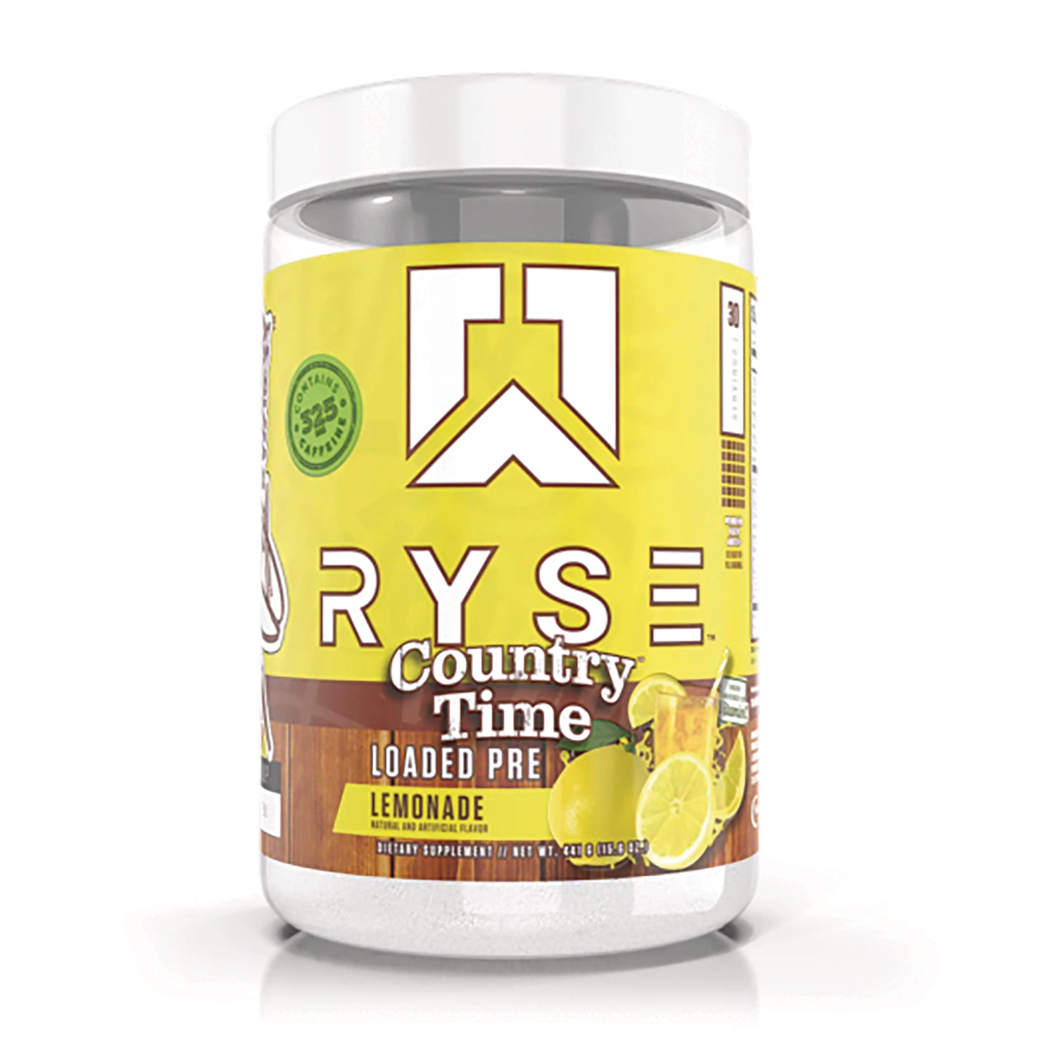 RYS009 | RYSE Country Time Loaded Pre lemonade supplement tub with yellow label and lemon graphics