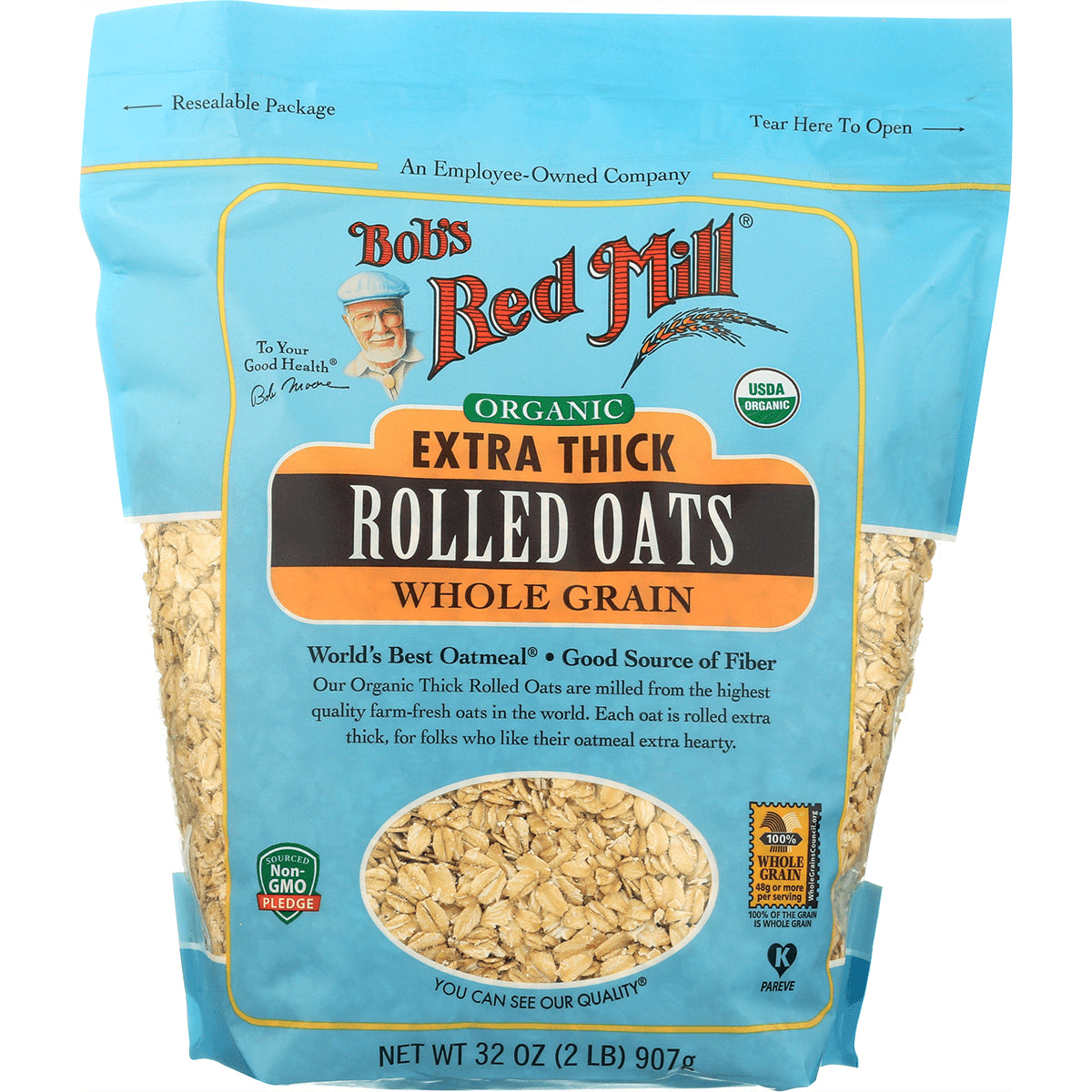 BOB333 | Bob's Red Mill organic extra thick rolled oats whole grain 32 oz bag front packaging with product window