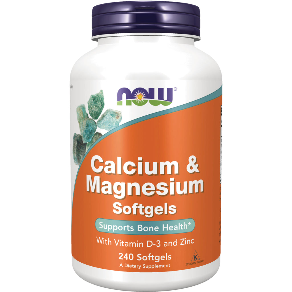 NWF294 | NOW Calcium & Magnesium Softgels bottle with orange label reading Supports Bone Health, 240 Softgels - Thumbnail