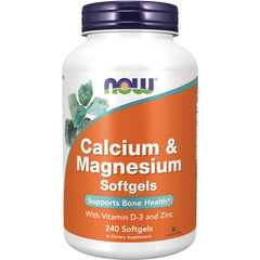 NWF294 | NOW Calcium & Magnesium Softgels bottle with orange label reading Supports Bone Health, 240 Softgels