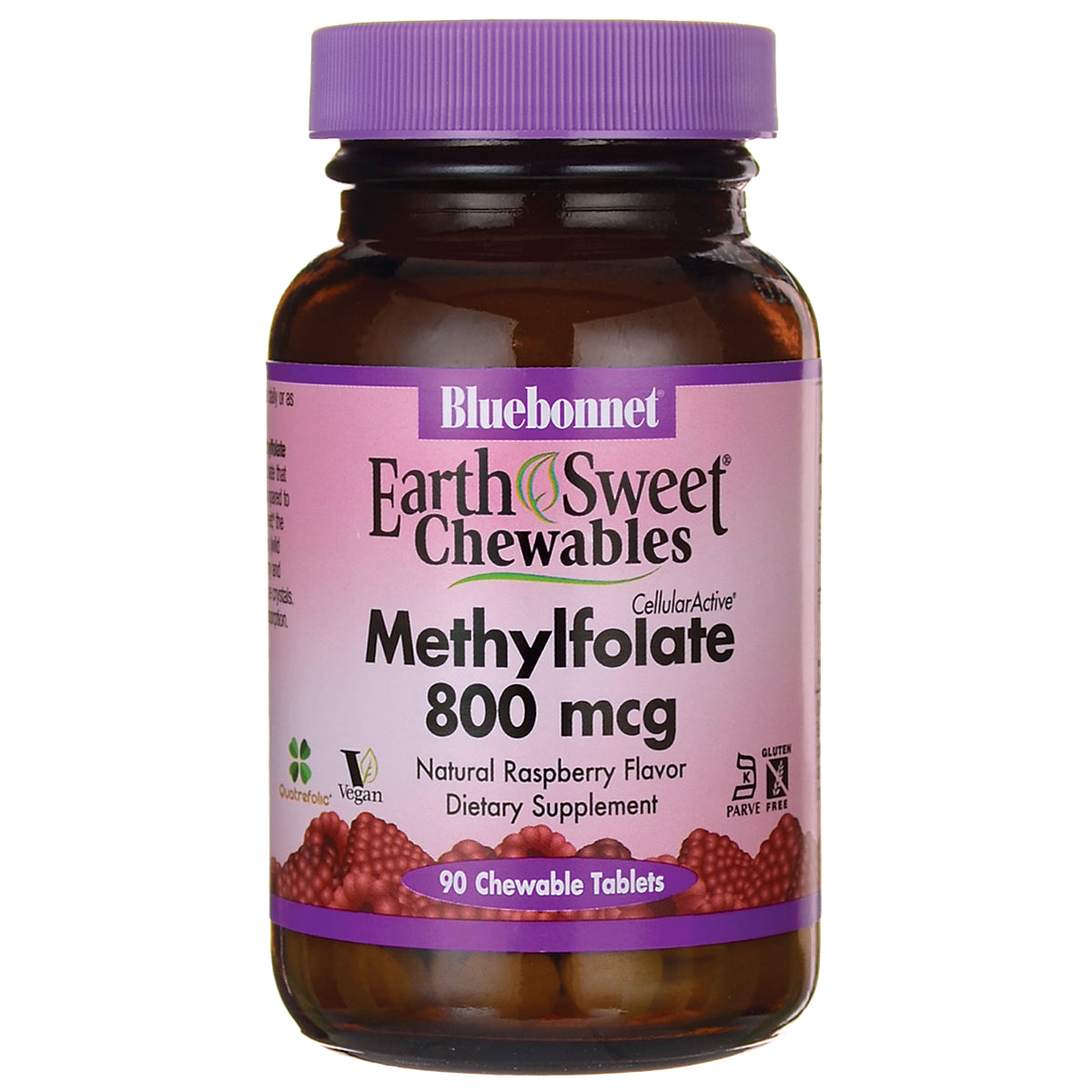 BLU144 | Bluebonnet EarthSweet Chewables methylfolate 800 mcg bottle, natural raspberry flavor, 90 chewable tablets